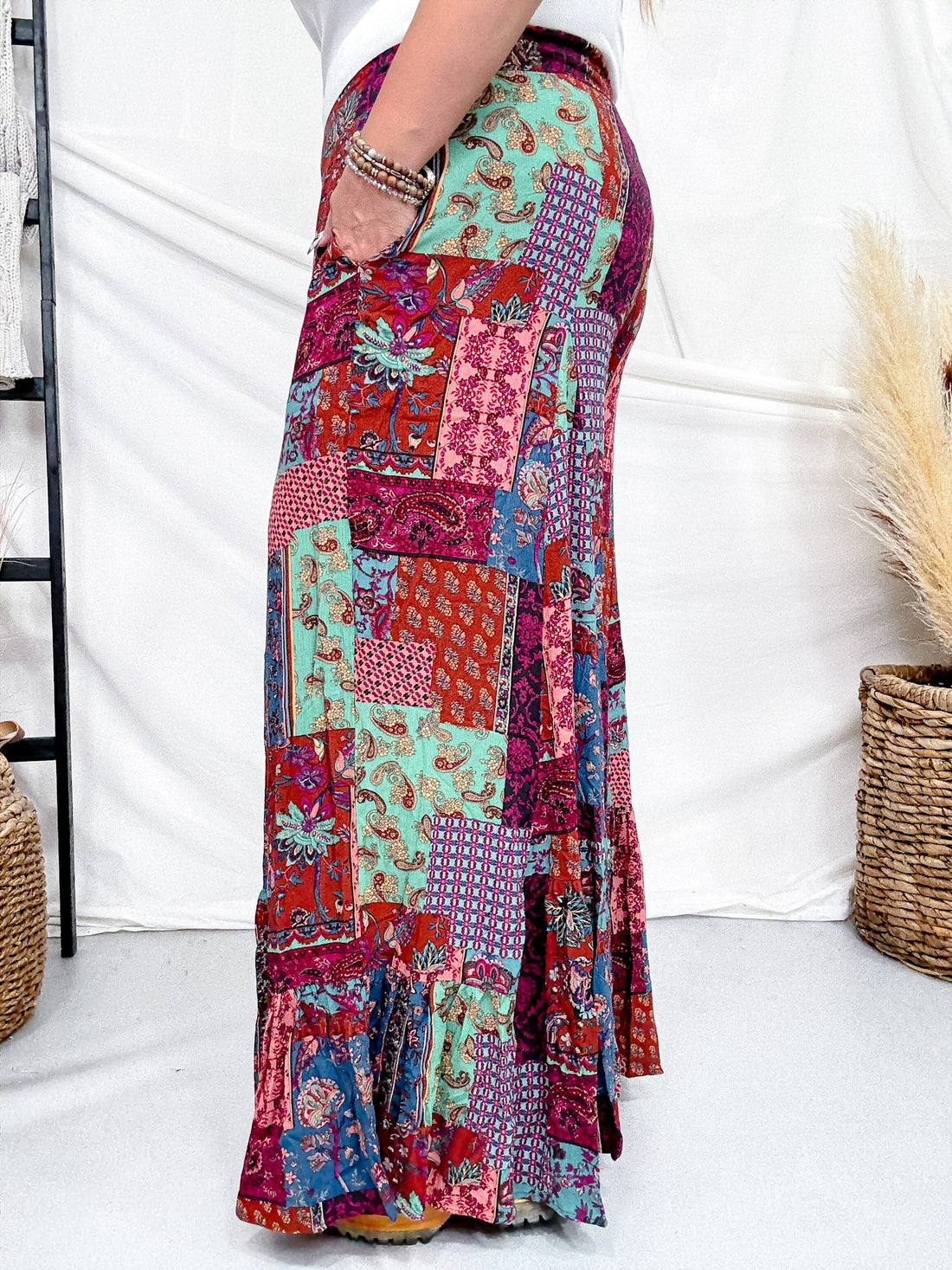 Blue & Brown Patchwork Palazzo Pants - Whiskey Skies - EASEL