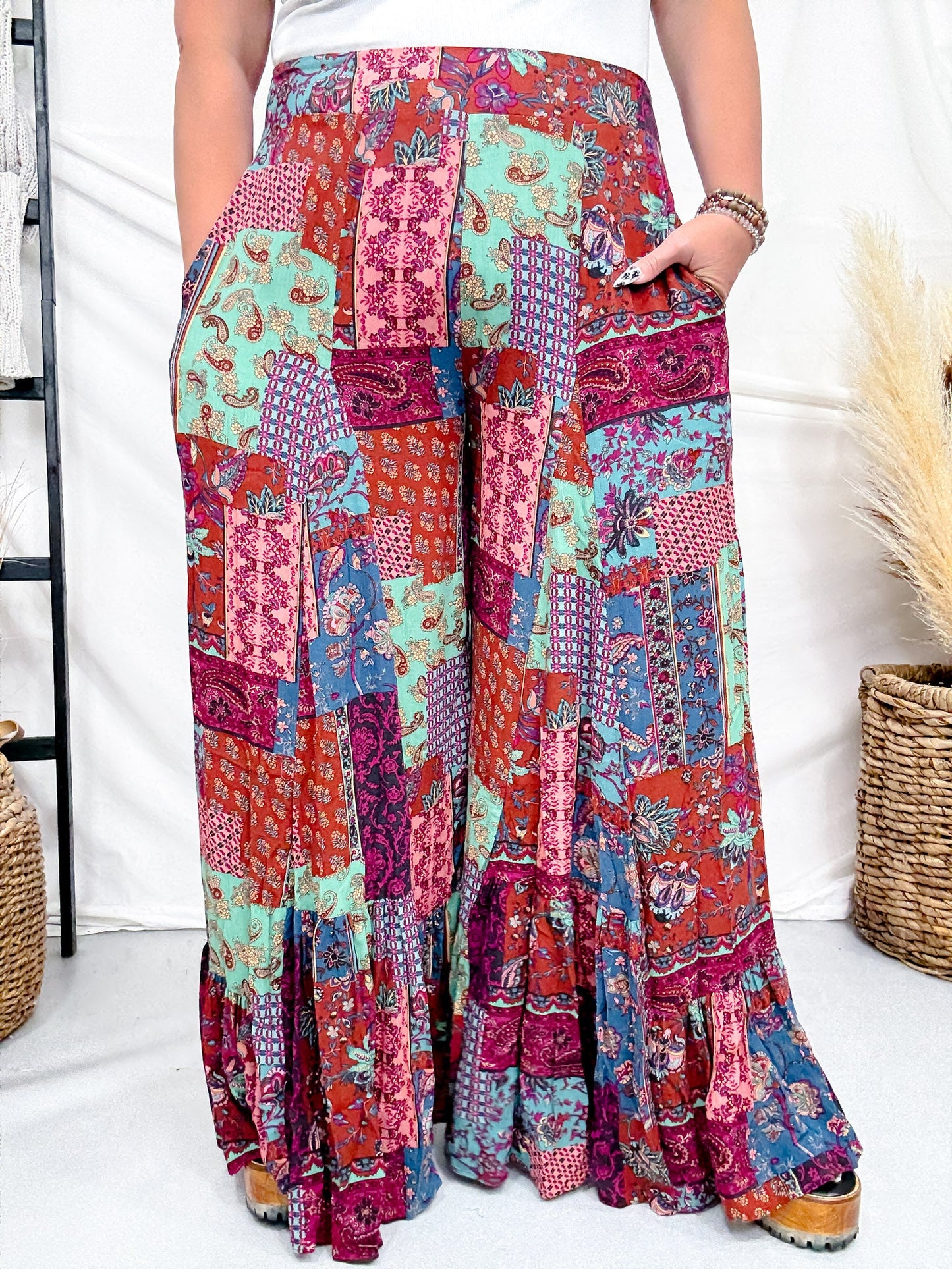 Blue & Brown Patchwork Palazzo Pants - Whiskey Skies - EASEL