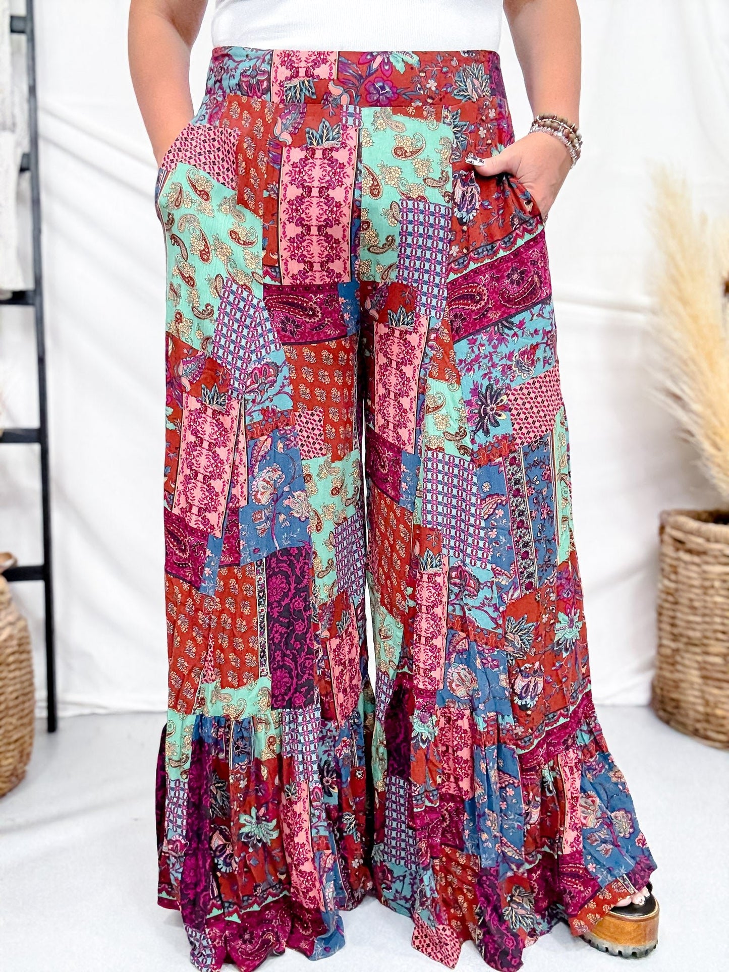 Blue & Brown Patchwork Palazzo Pants - Whiskey Skies - EASEL