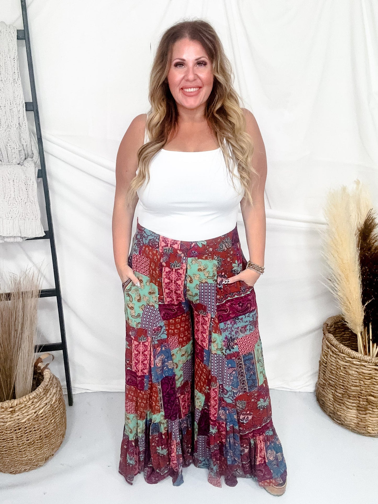Blue & Brown Patchwork Palazzo Pants - Whiskey Skies - EASEL