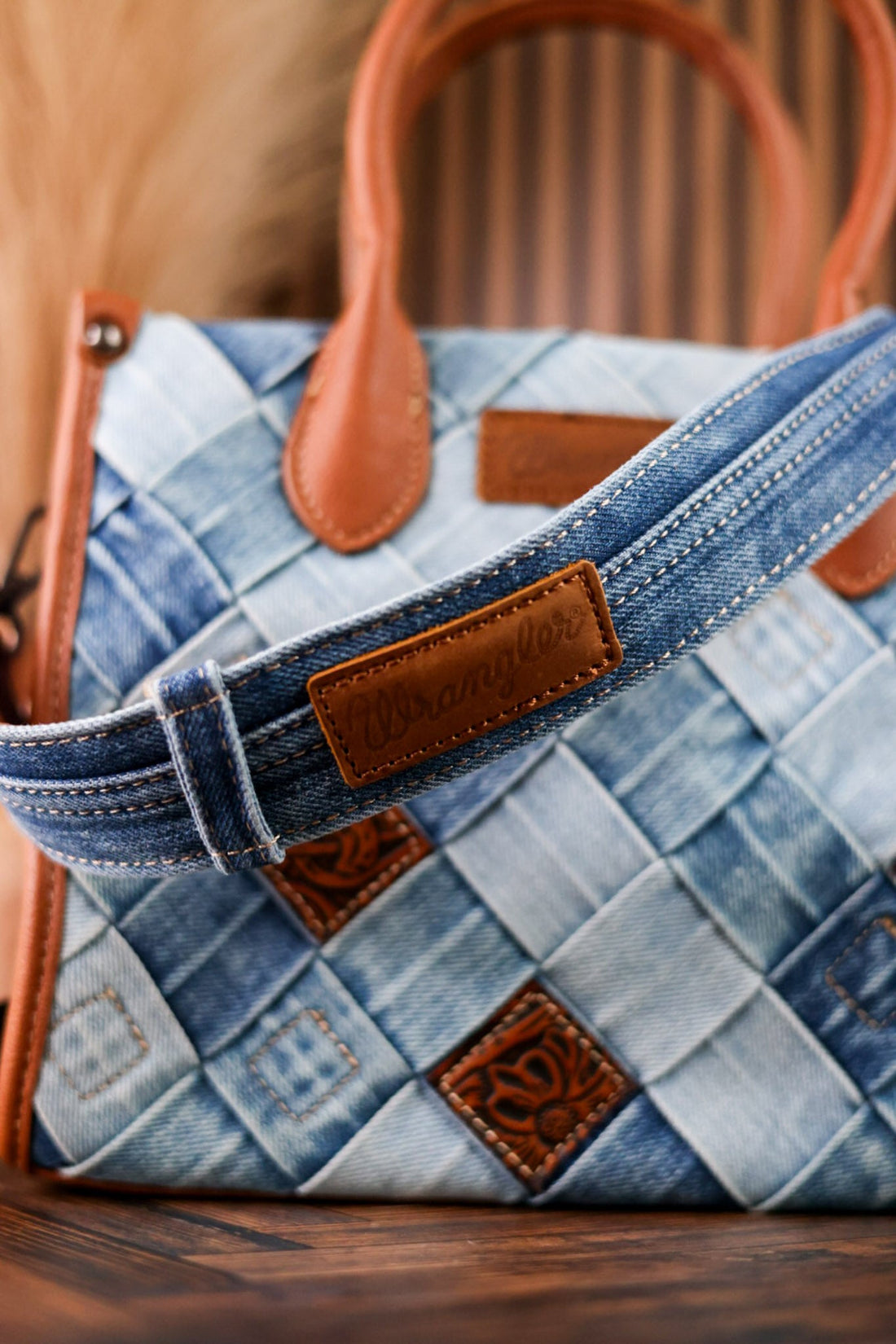 Blue Denim Diamond Patterned Wrangler Tote Bag - Whiskey Skies - MONTANA WEST
