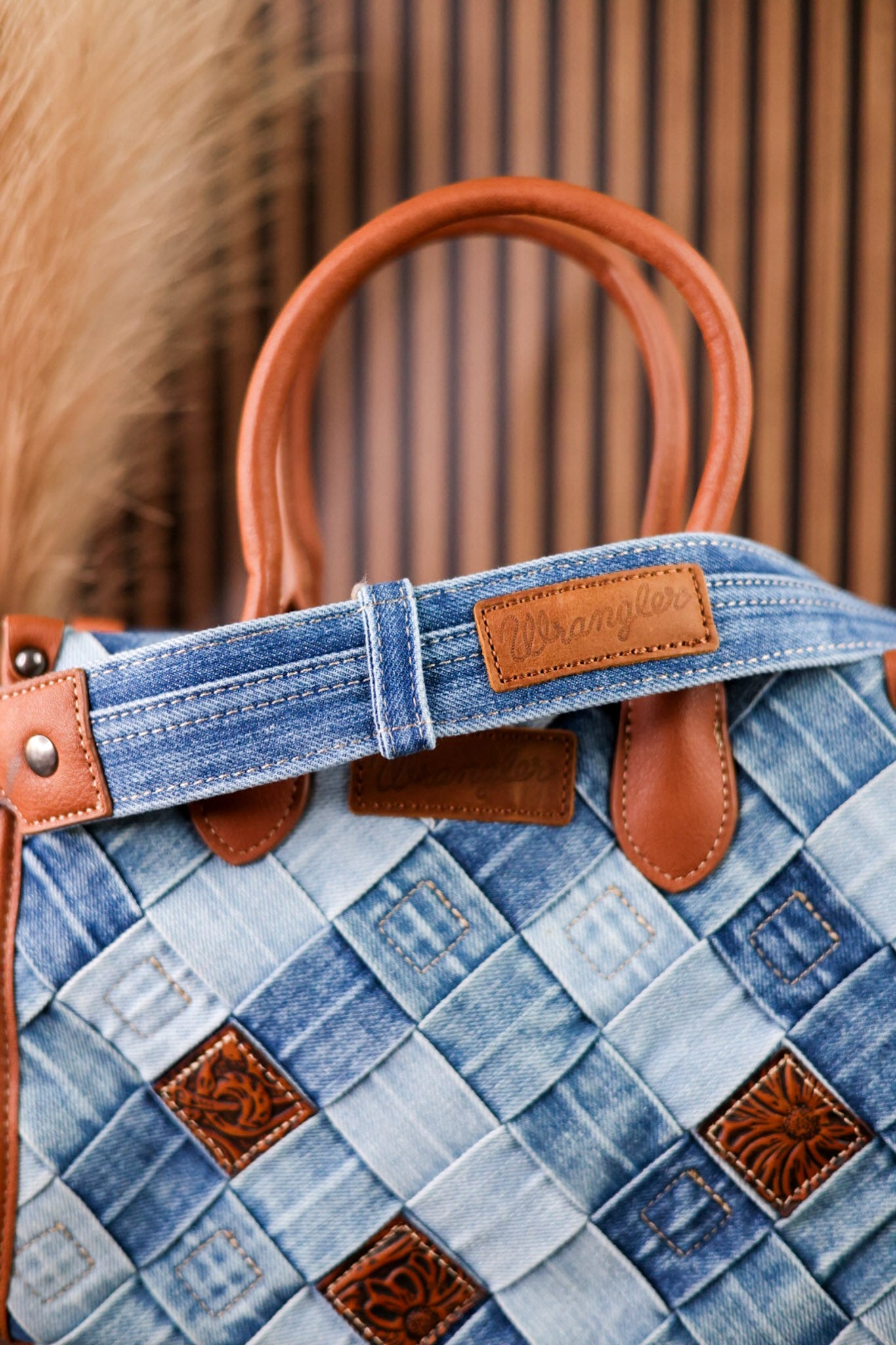 Blue Denim Diamond Patterned Wrangler Tote Bag - Whiskey Skies - MONTANA WEST