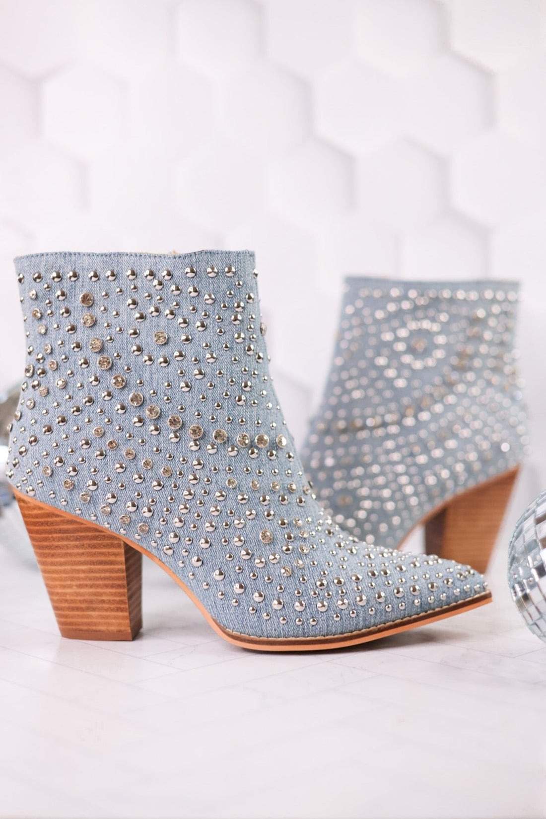 Blue Denim Line Dance Rhinestone Booties - Whiskey Skies - CORKYS FOOTWEAR