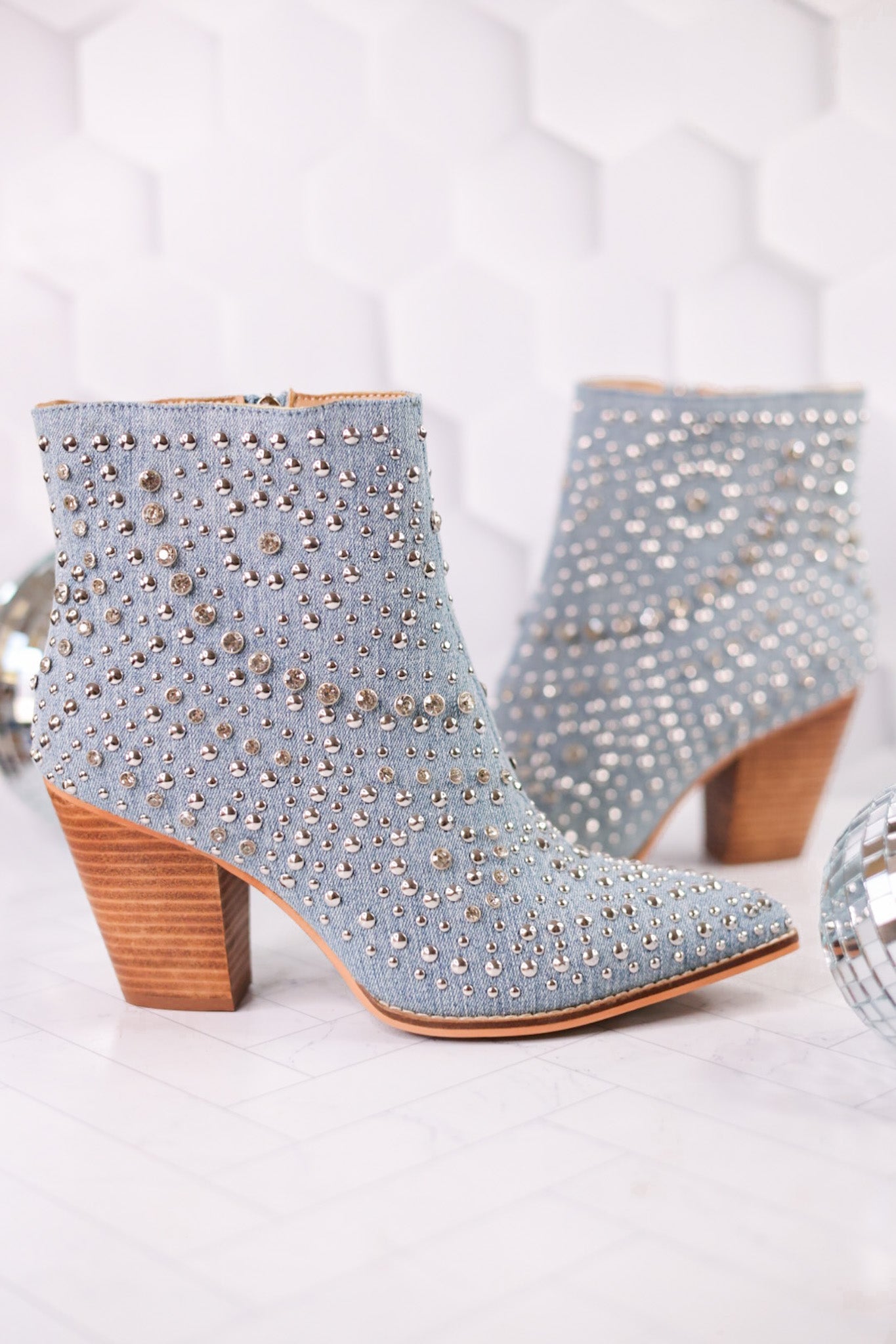 Blue Denim Line Dance Rhinestone Booties - Whiskey Skies - CORKYS FOOTWEAR