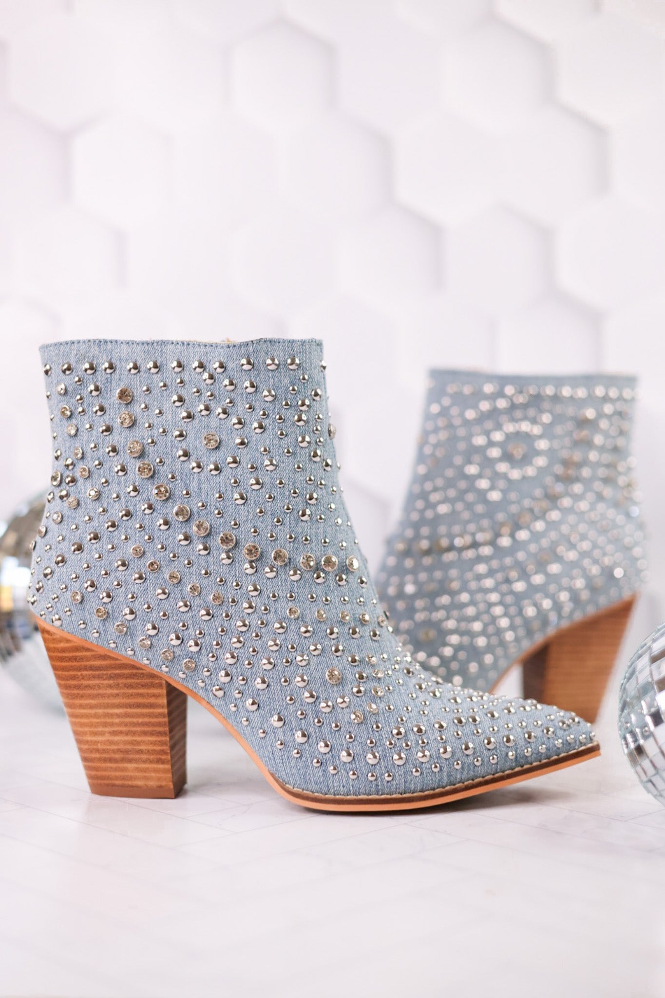 Blue Denim Line Dance Rhinestone Booties - Whiskey Skies - CORKYS FOOTWEAR