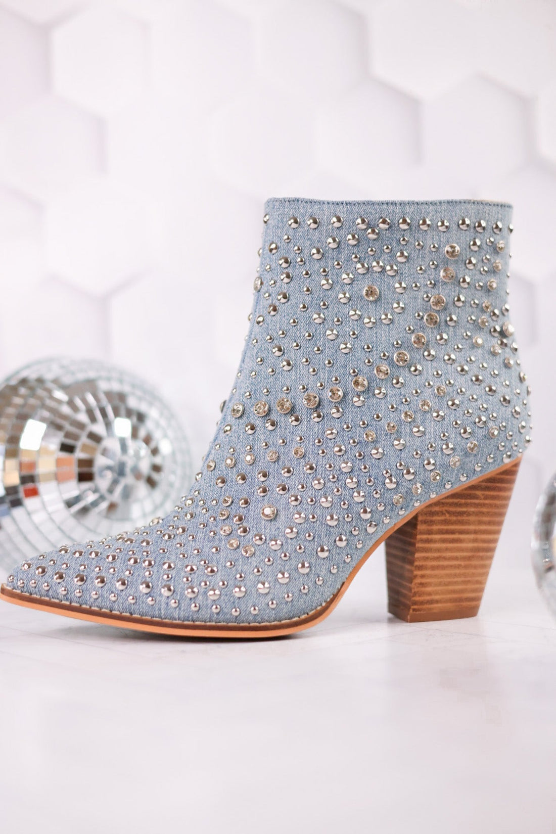 Blue Denim Line Dance Rhinestone Booties - Whiskey Skies - CORKYS FOOTWEAR