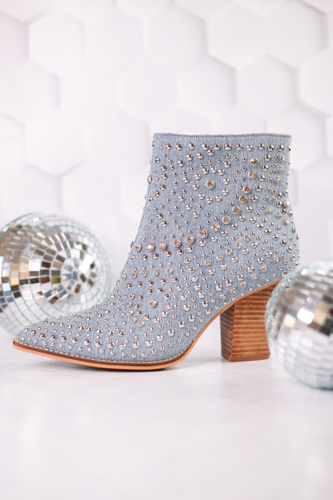 Blue Denim Line Dance Rhinestone Booties - Whiskey Skies - CORKYS FOOTWEAR