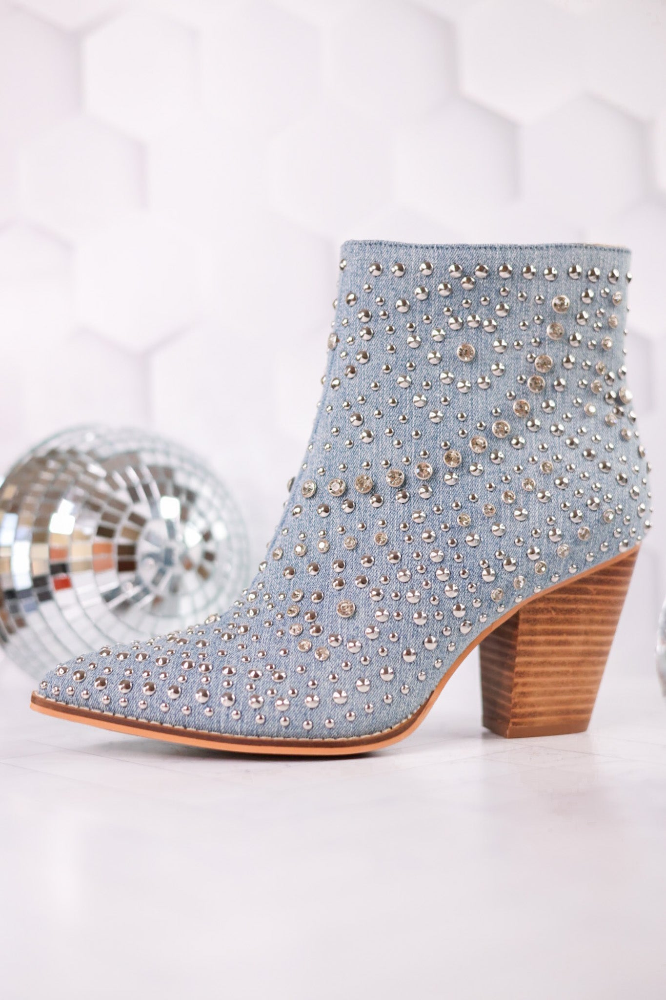 Blue Denim Line Dance Rhinestone Booties - Whiskey Skies - CORKYS FOOTWEAR