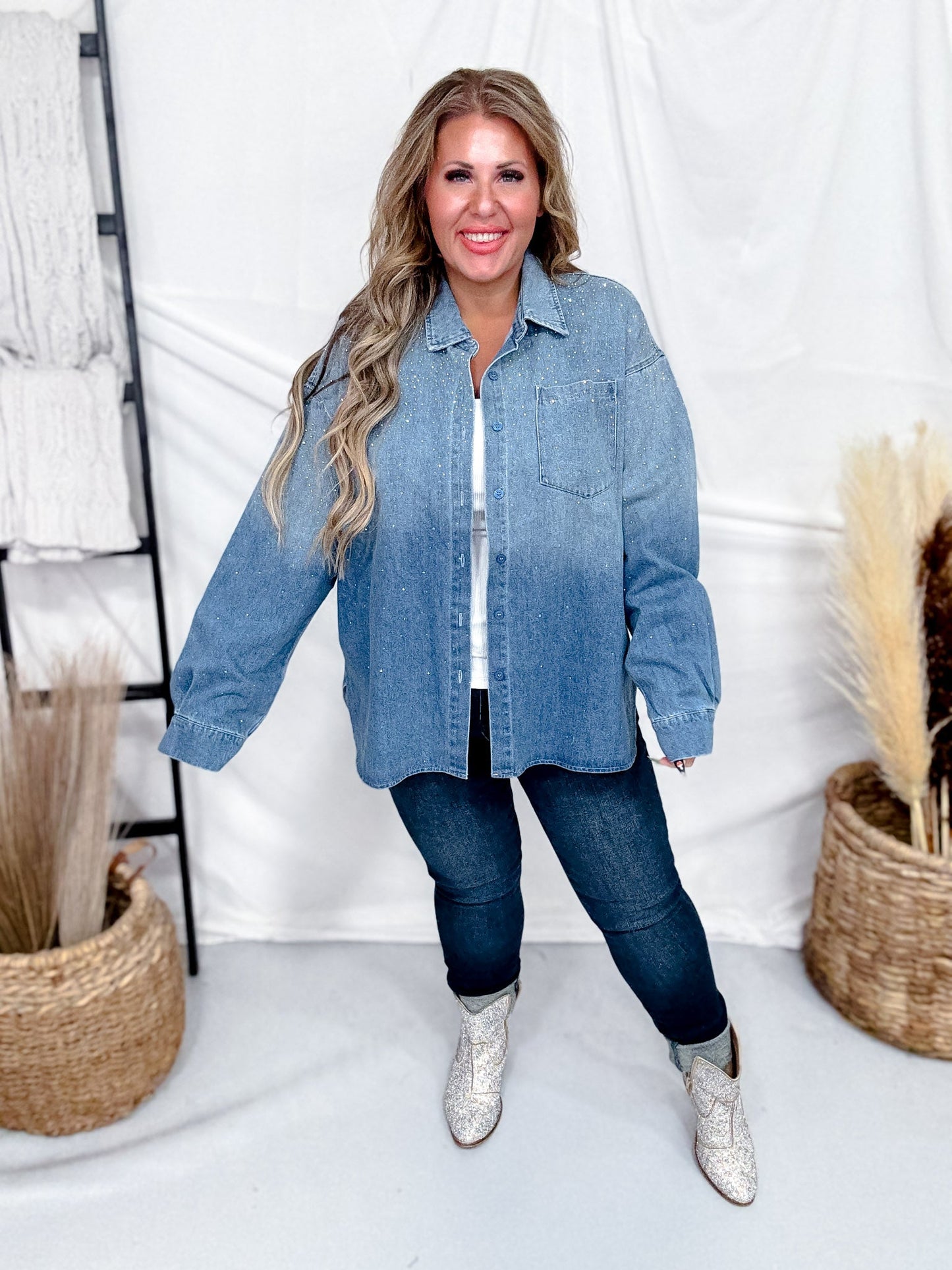 Blue Denim Long Sleeve Rhinestone Button Front Top - Whiskey Skies - DAVI & DANI