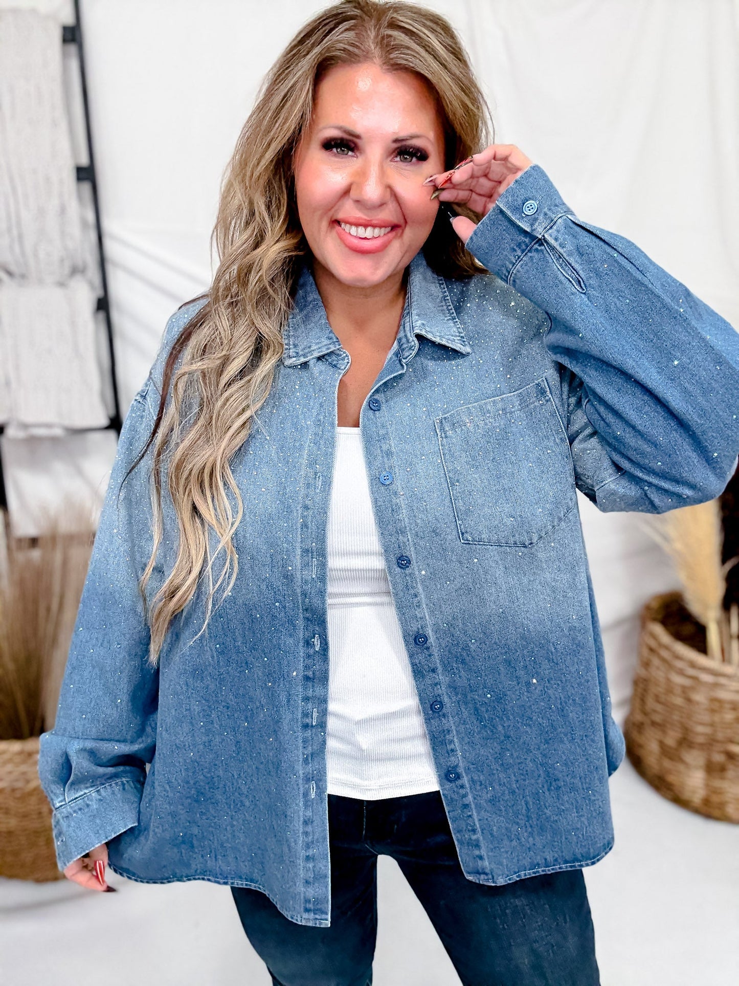 Blue Denim Long Sleeve Rhinestone Button Front Top - Whiskey Skies - DAVI & DANI