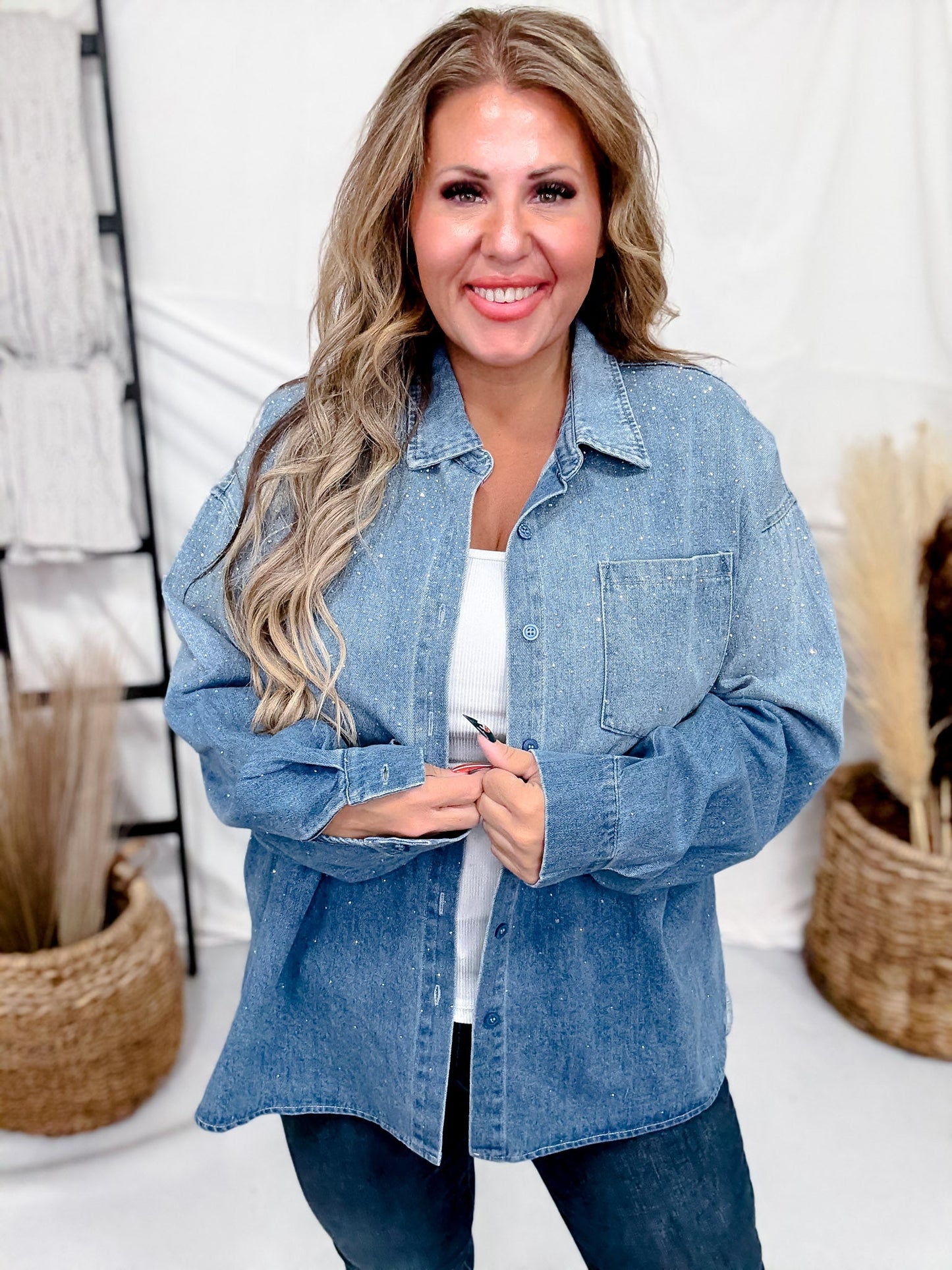 Blue Denim Long Sleeve Rhinestone Button Front Top - Whiskey Skies - DAVI & DANI