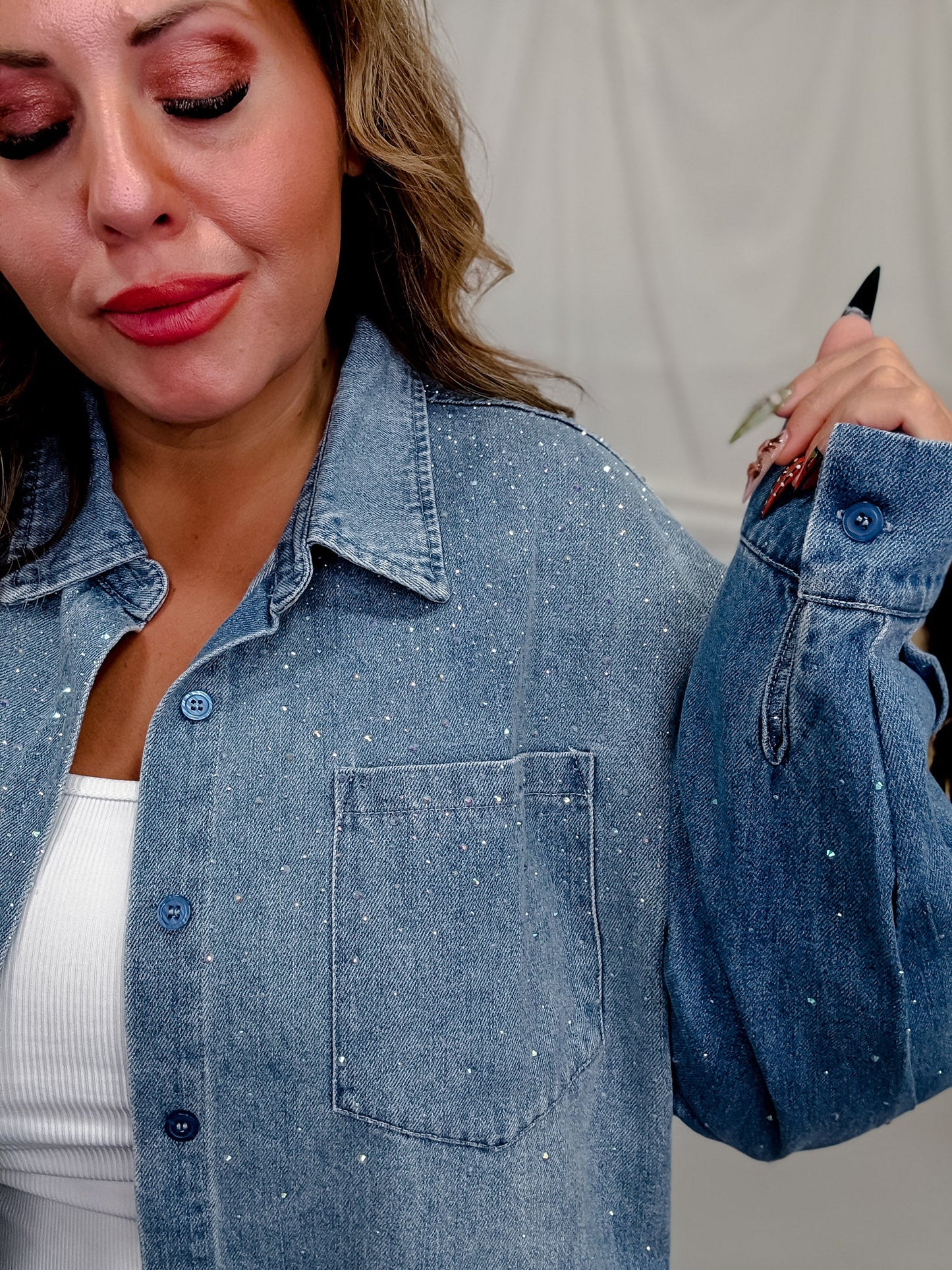 Blue Denim Long Sleeve Rhinestone Button Front Top - Whiskey Skies - DAVI & DANI