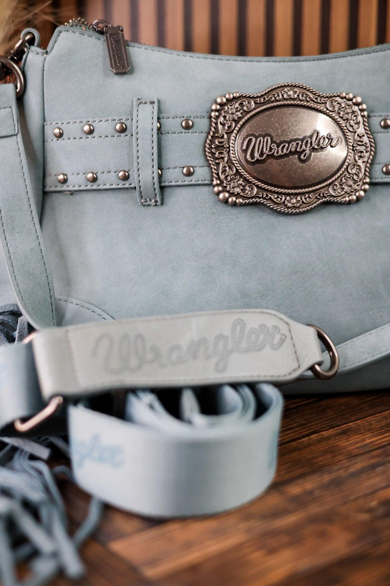 Blue Faux Leather Wrangler Belt Buckle Fringe Purse - Whiskey Skies - MONTANA WEST