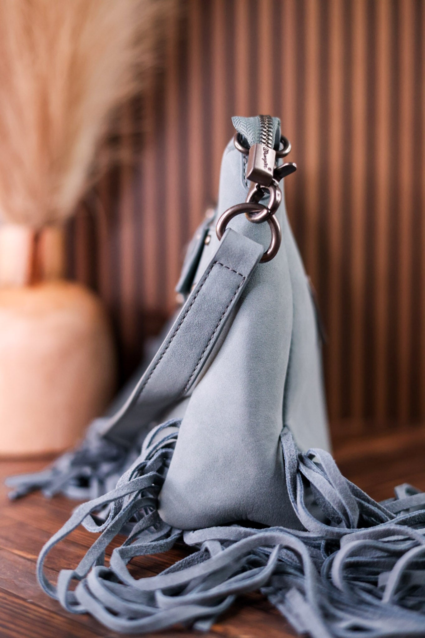 Blue Faux Leather Wrangler Belt Buckle Fringe Purse - Whiskey Skies - MONTANA WEST