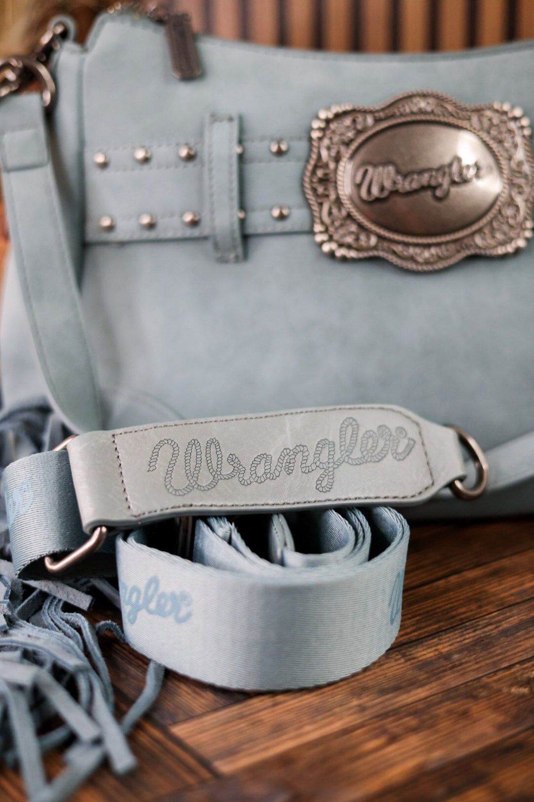 Blue Faux Leather Wrangler Belt Buckle Fringe Purse - Whiskey Skies - MONTANA WEST