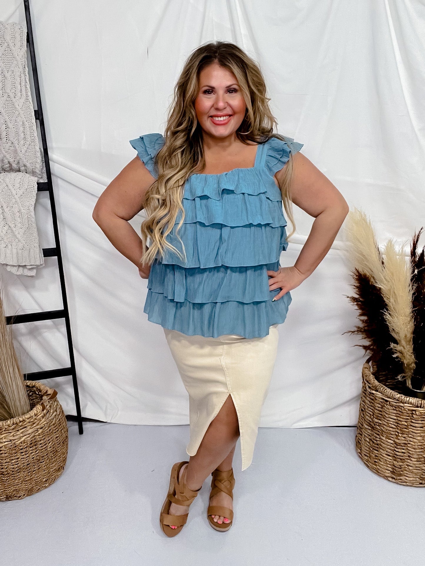 Blue Femme Flounce Ruffle Top - Whiskey Skies - SOUTHERN GRACE