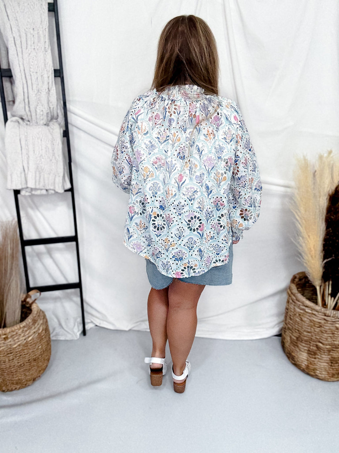 Blue Floral Eyelet Blouse With Smocked Hems - Whiskey Skies - BIBI