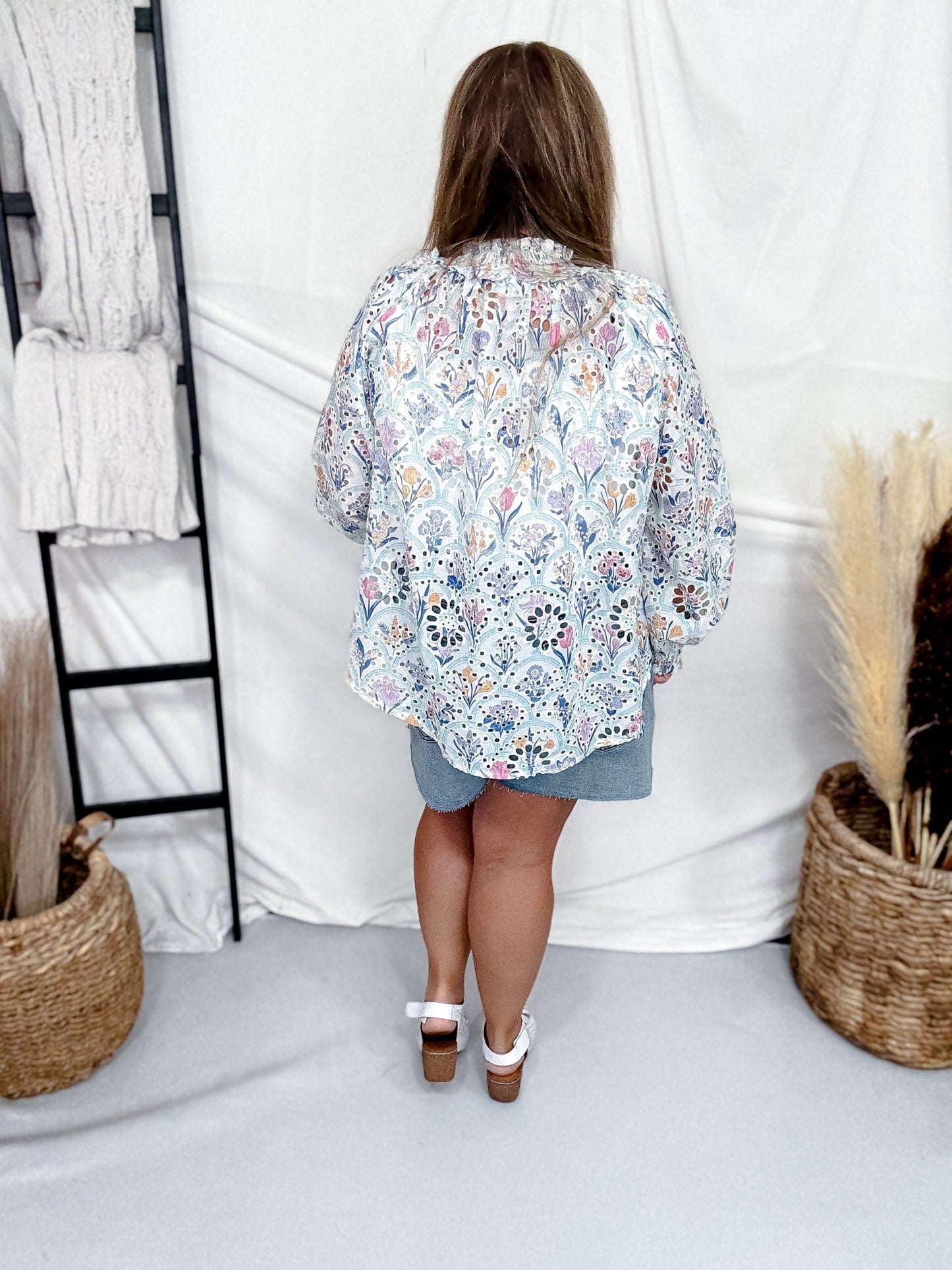 Blue Floral Eyelet Blouse With Smocked Hems - Whiskey Skies - BIBI
