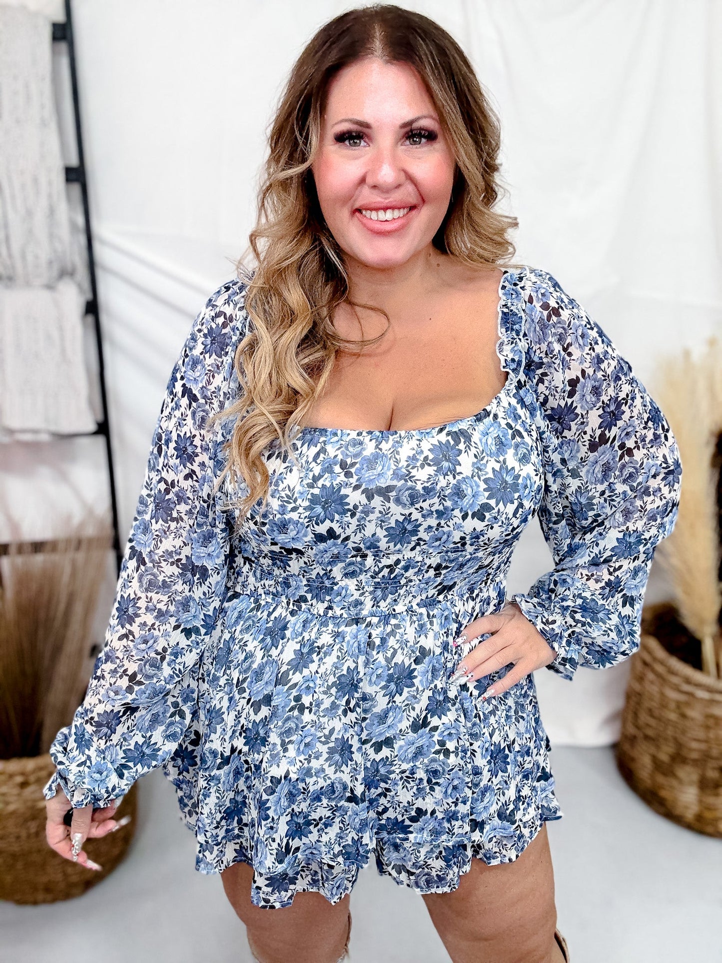 Blue Floral Long Sleeve Romper With Square Neckline - Whiskey Skies - JADE BY JANE