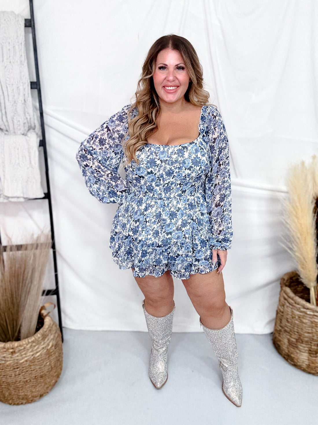 Blue Floral Long Sleeve Romper With Square Neckline - Whiskey Skies - JADE BY JANE