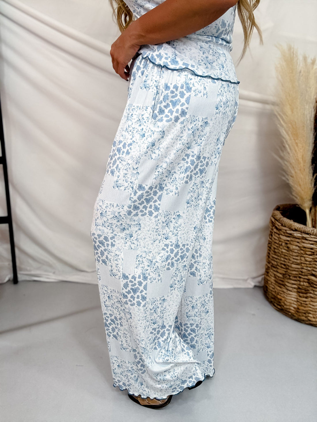 Blue Floral Patchwork Print Lounge Pants With Lettuce Edge Hems - Whiskey Skies - POLAGRAM + BAEVELY