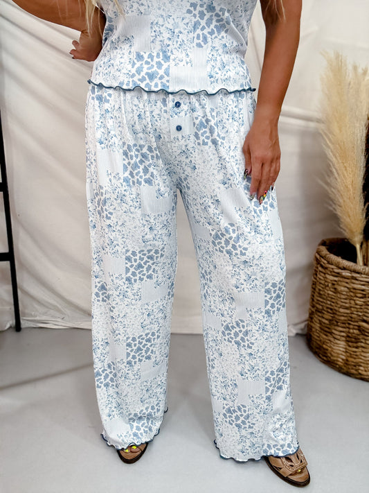 Blue Floral Patchwork Print Lounge Pants With Lettuce Edge Hems - Whiskey Skies - POLAGRAM + BAEVELY