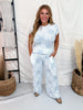 Blue Floral Patchwork Print Lounge Pants With Lettuce Edge Hems - Whiskey Skies - POLAGRAM + BAEVELY