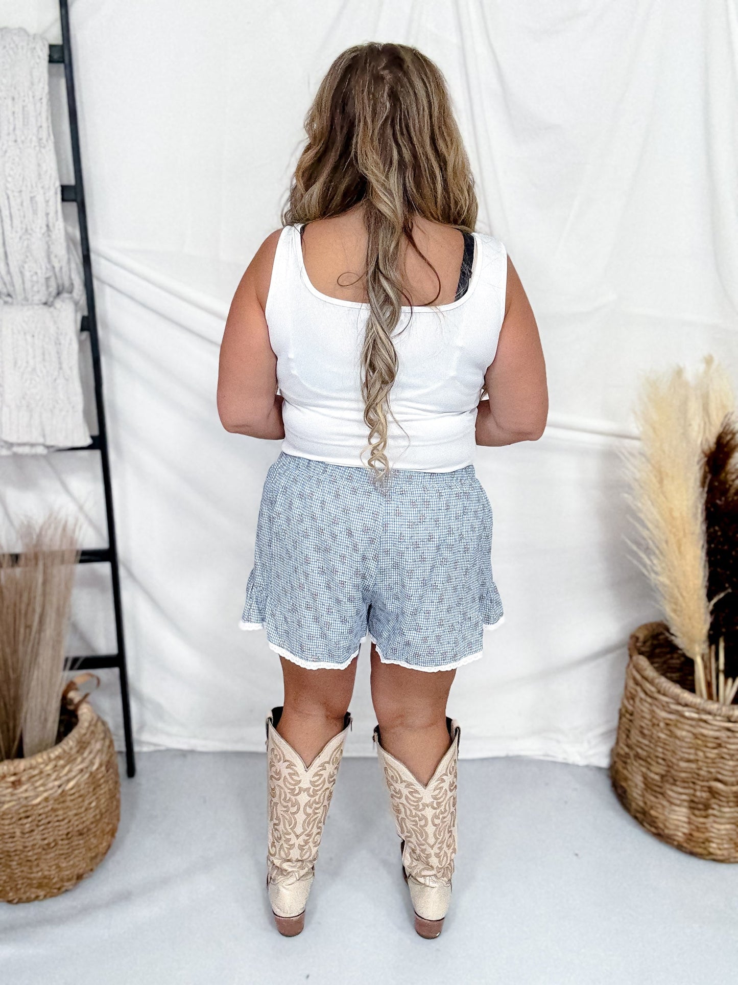 Blue Gingham Shorts With Floral Print - Whiskey Skies - POLAGRAM + BAEVELY