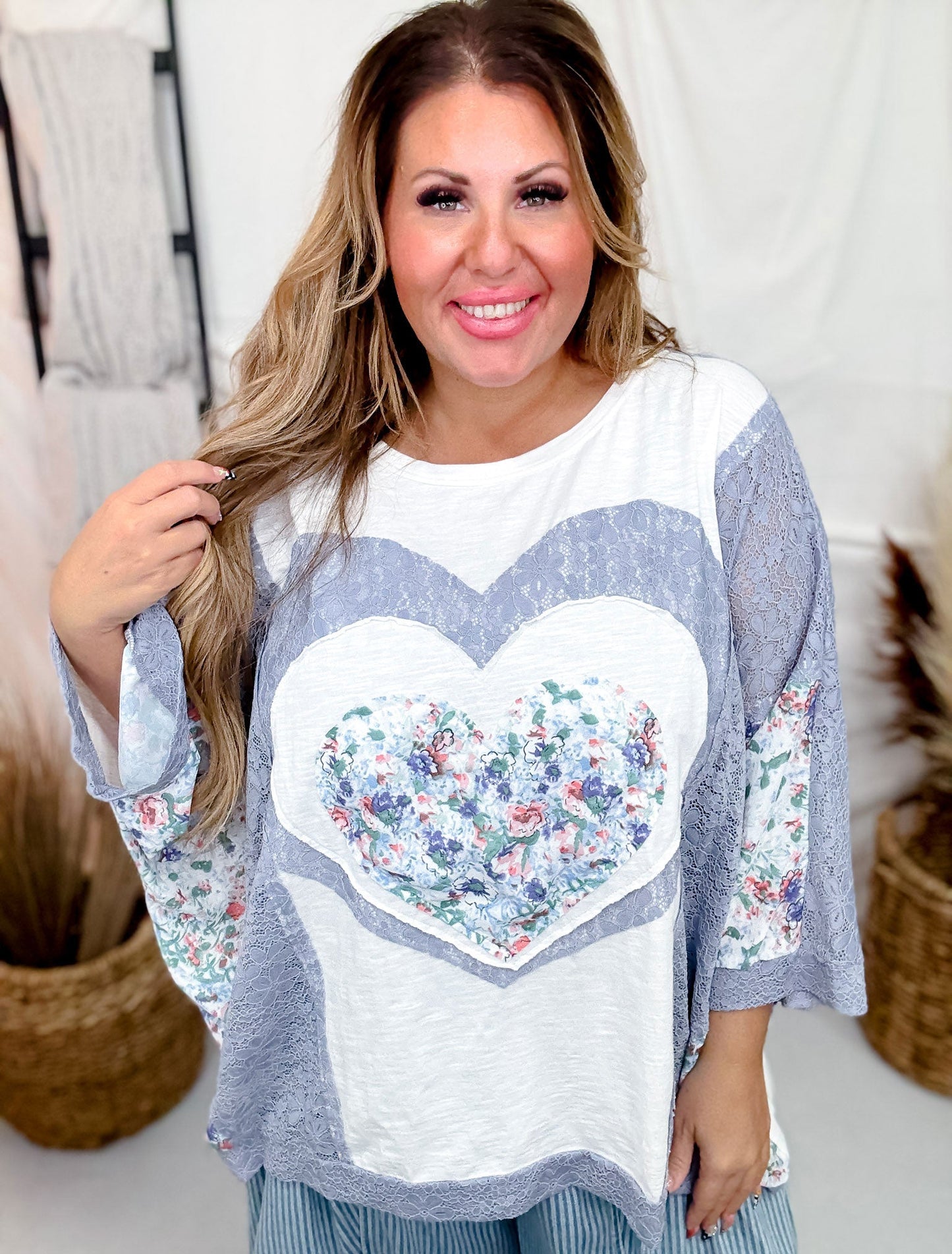 Blue - Grey and White Contrasting Patchwork Top with Batwing Sleeves - Whiskey Skies - ODDI