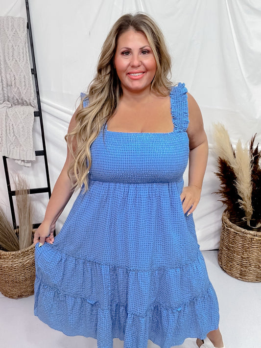 Blue Jacquard Checker Print Tiered Midi Dress - Whiskey Skies - DAVI & DANI