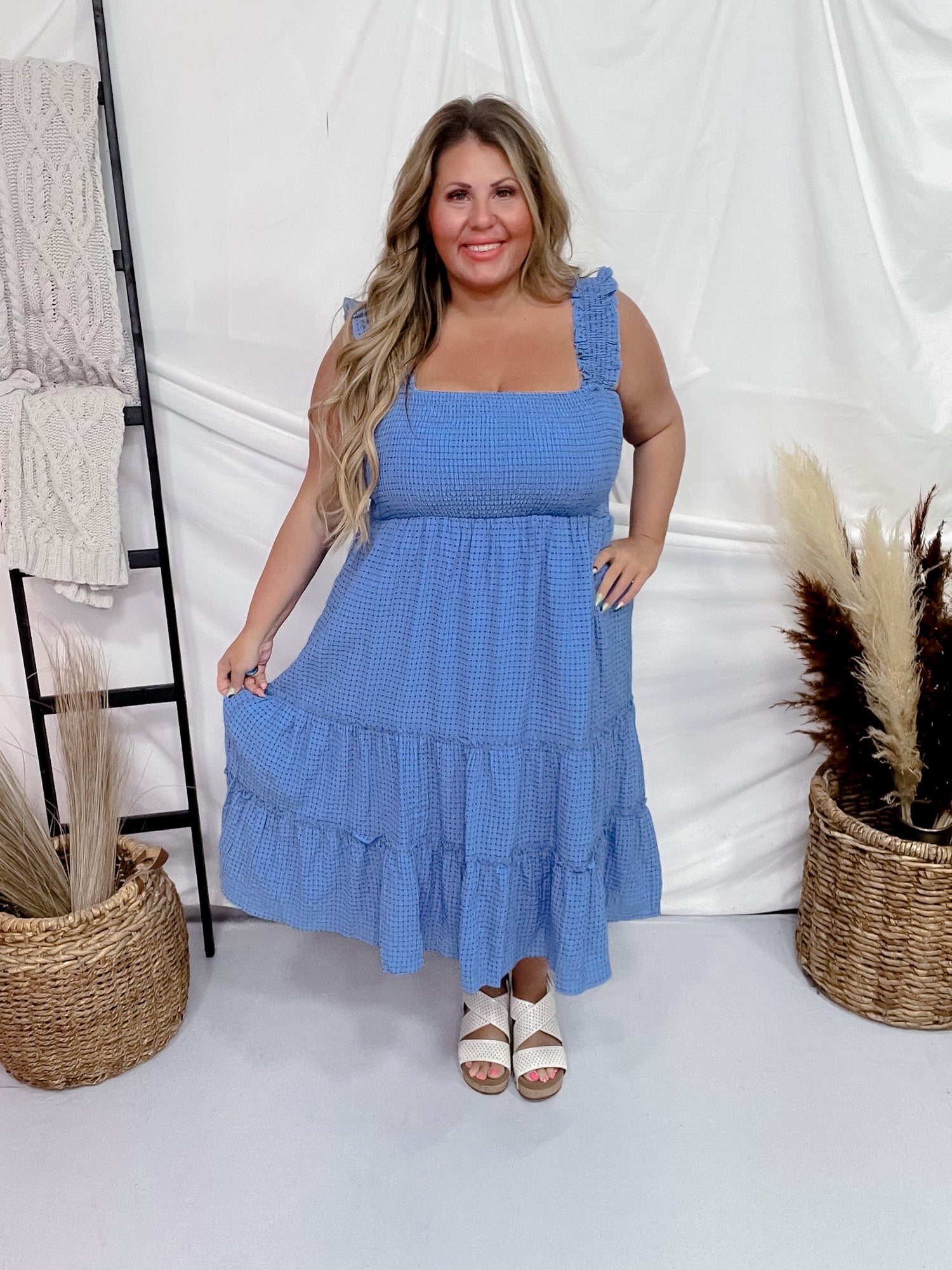 Blue Jacquard Checker Print Tiered Midi Dress