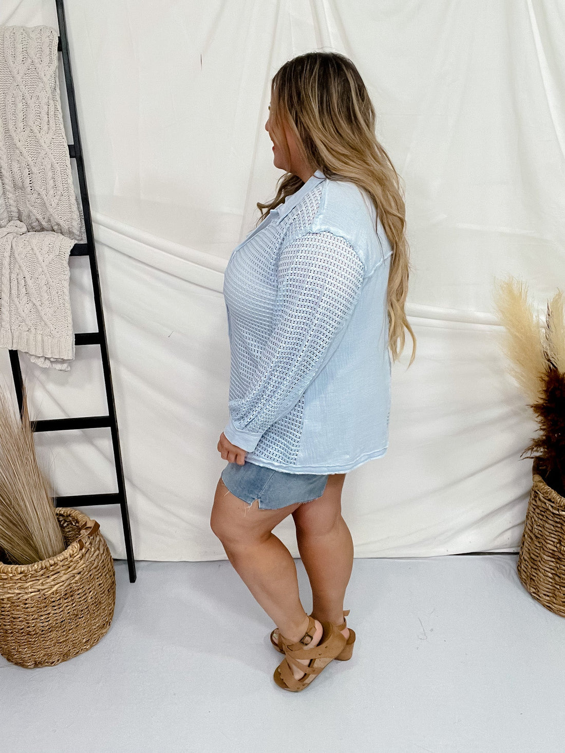 Blue Long Sleeve Crochet Knit Button Front Top - Whiskey Skies - ANDREE BY UNIT