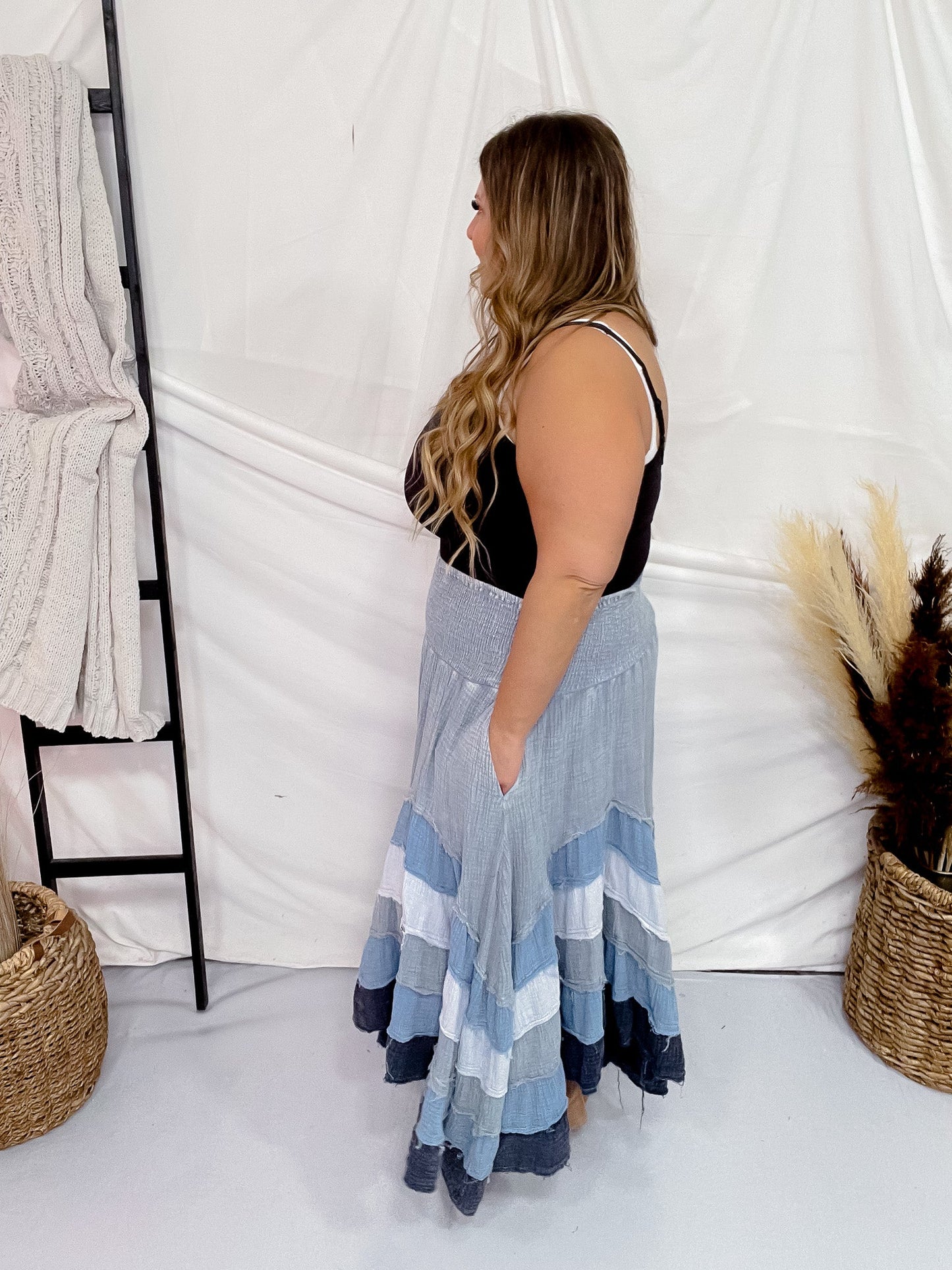 Blue Mineral Washed Tiered Hem Skirt - Whiskey Skies - OLI & HALI