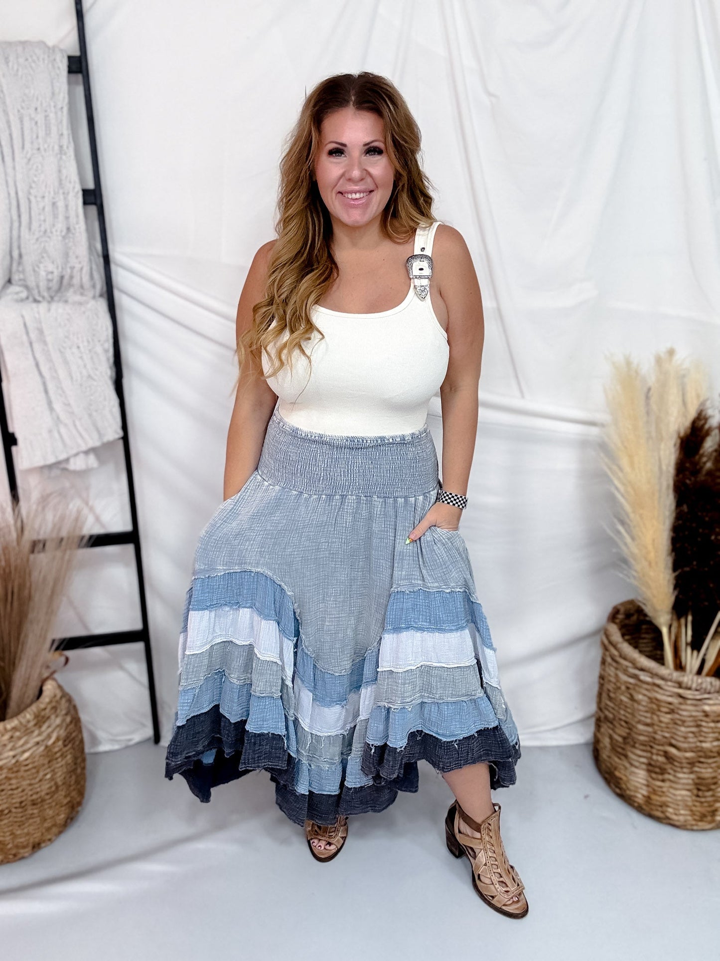 Blue Mineral Washed Tiered Hem Skirt - Whiskey Skies - OLI & HALI