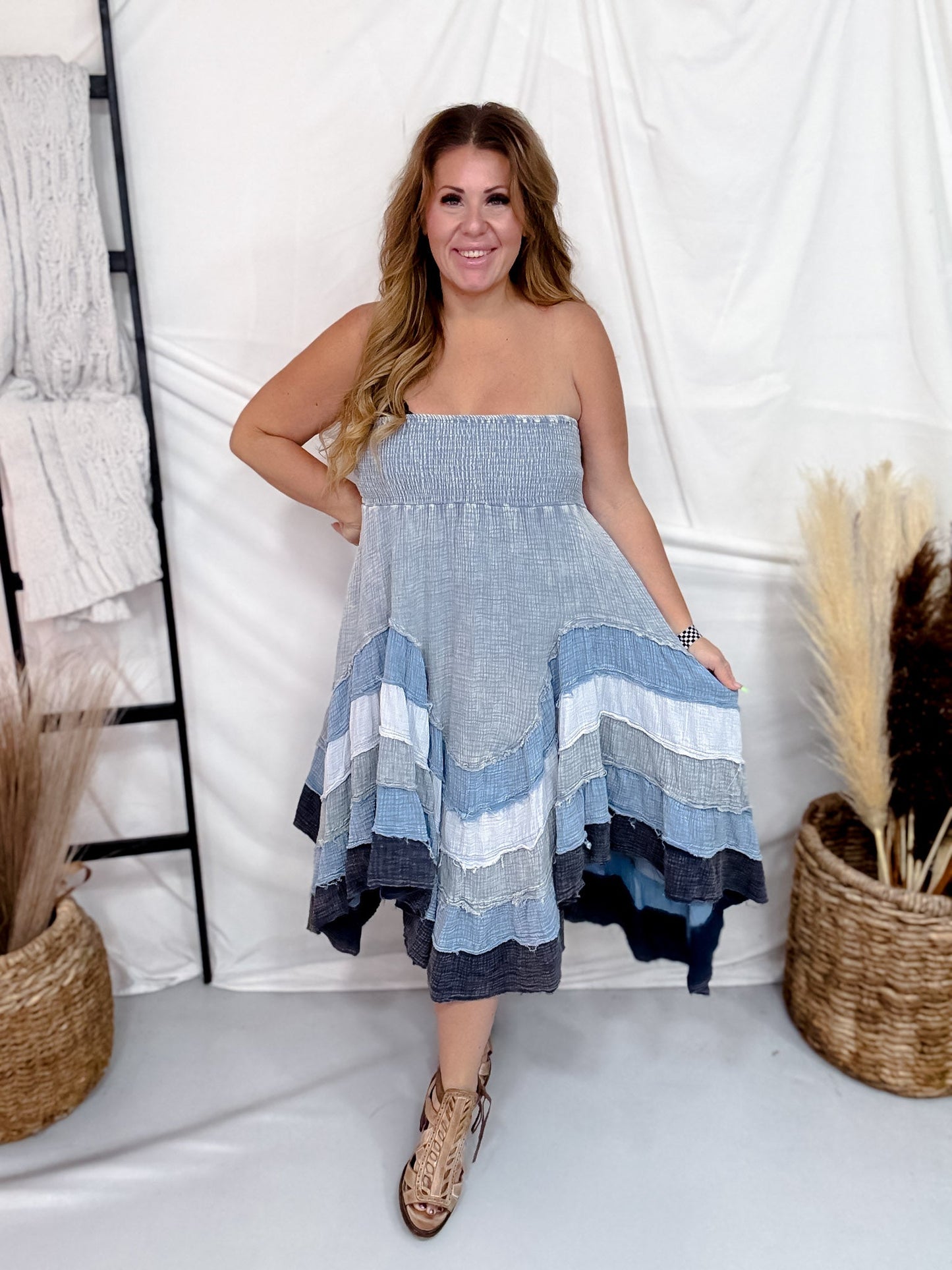 Blue Mineral Washed Tiered Hem Skirt - Whiskey Skies - OLI & HALI