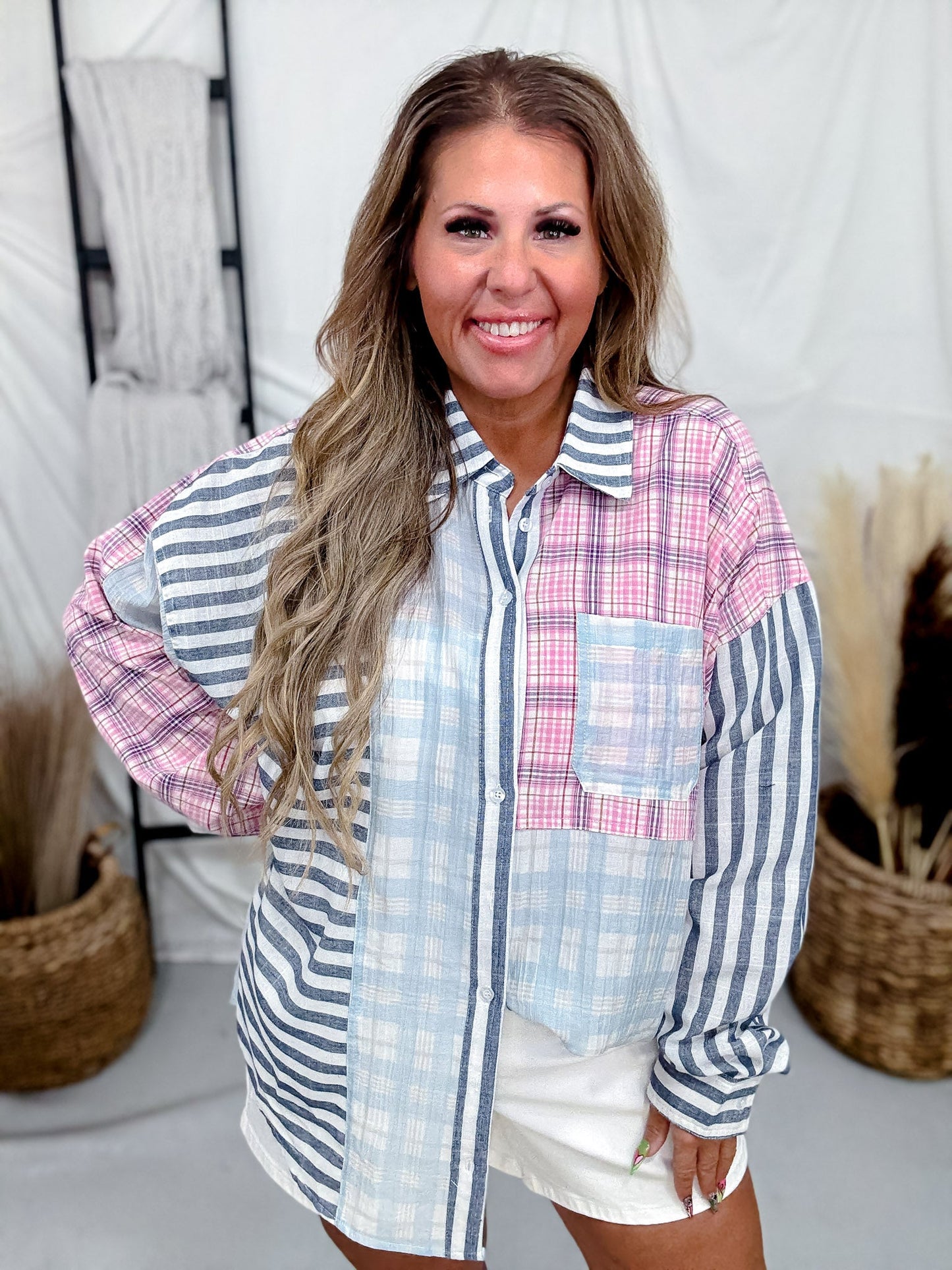 Blue & Pink Patchwork Patterned Button Down Shirt - Whiskey Skies - SEW IN LOVE