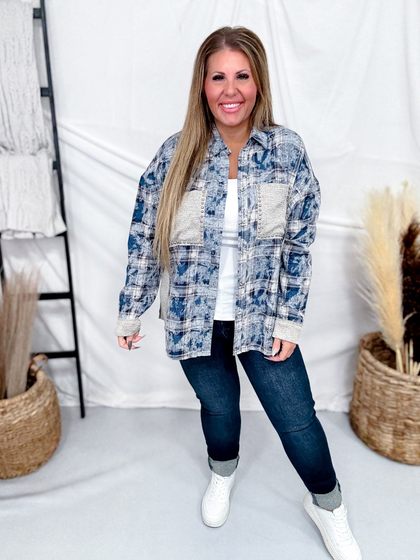 Blue Plaid Bleach Splatter Flannel With Stud Accents - Whiskey Skies - DAVI & DANI