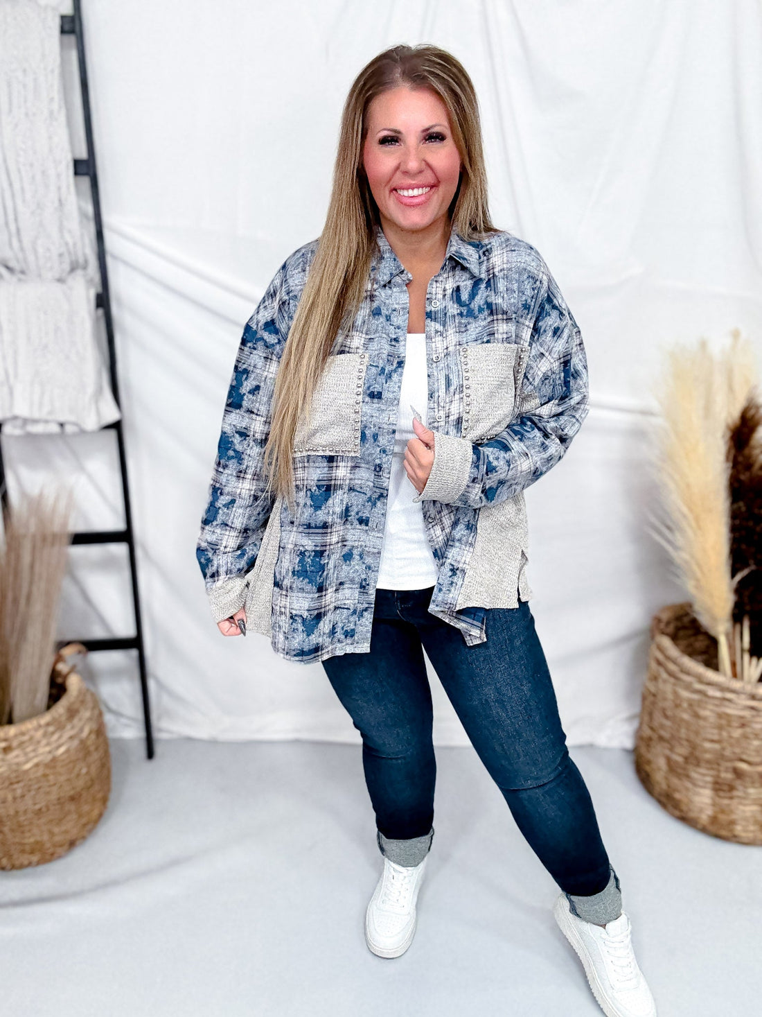 Blue Plaid Bleach Splatter Flannel With Stud Accents - Whiskey Skies - DAVI & DANI