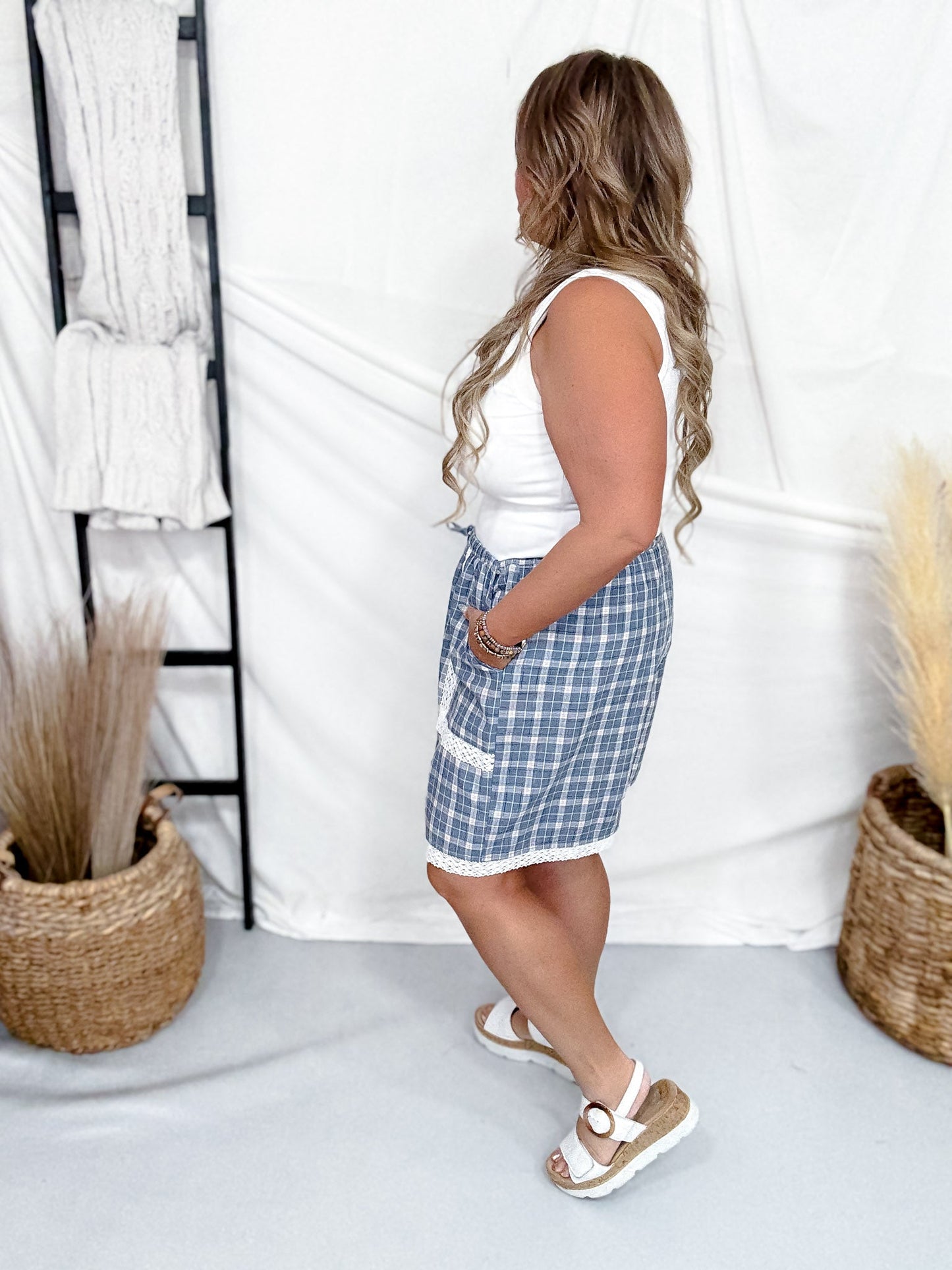 Blue Plaid Drawstring Shorts With Lace Trim - Whiskey Skies - ODDI