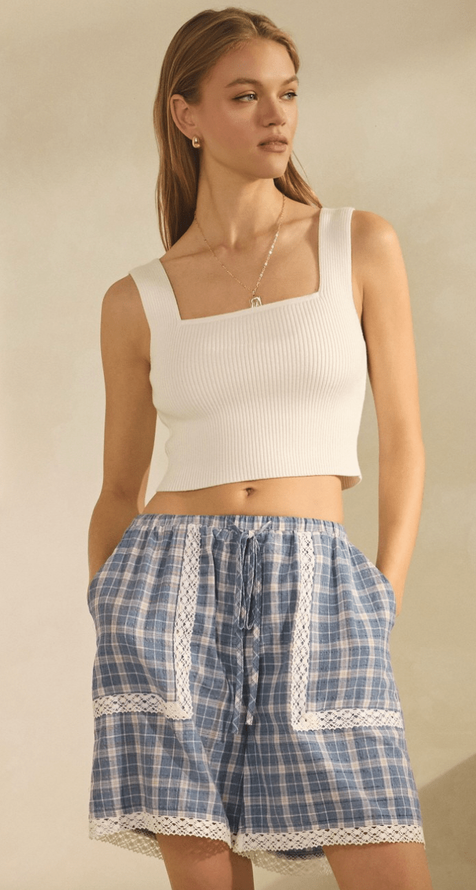 Blue Plaid Drawstring Shorts With Lace Trim - Whiskey Skies - ODDI