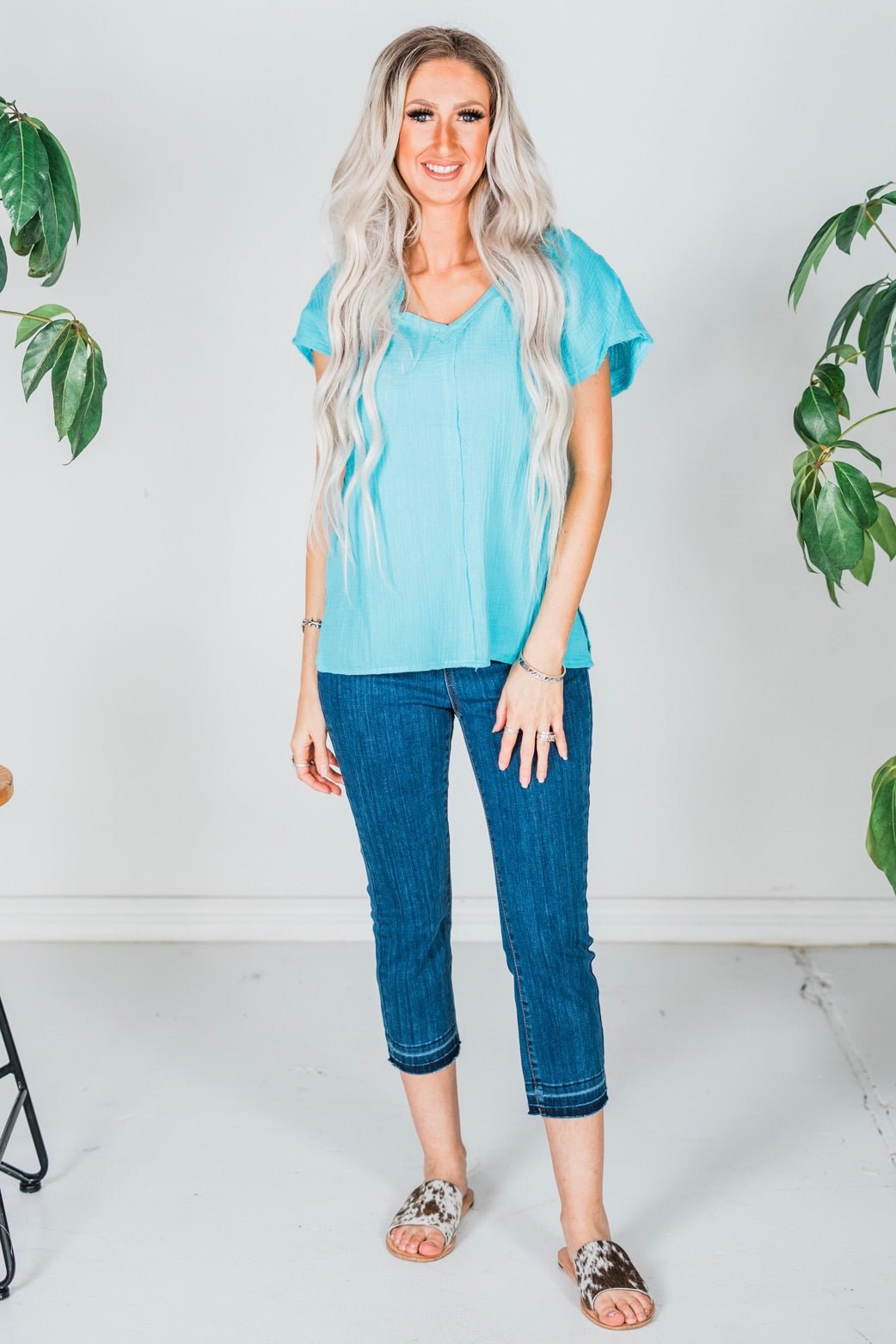 Blue Radiance Cotton Gauze Top with Raw Edge Detailing - Whiskey Skies - ANDREE BY UNIT