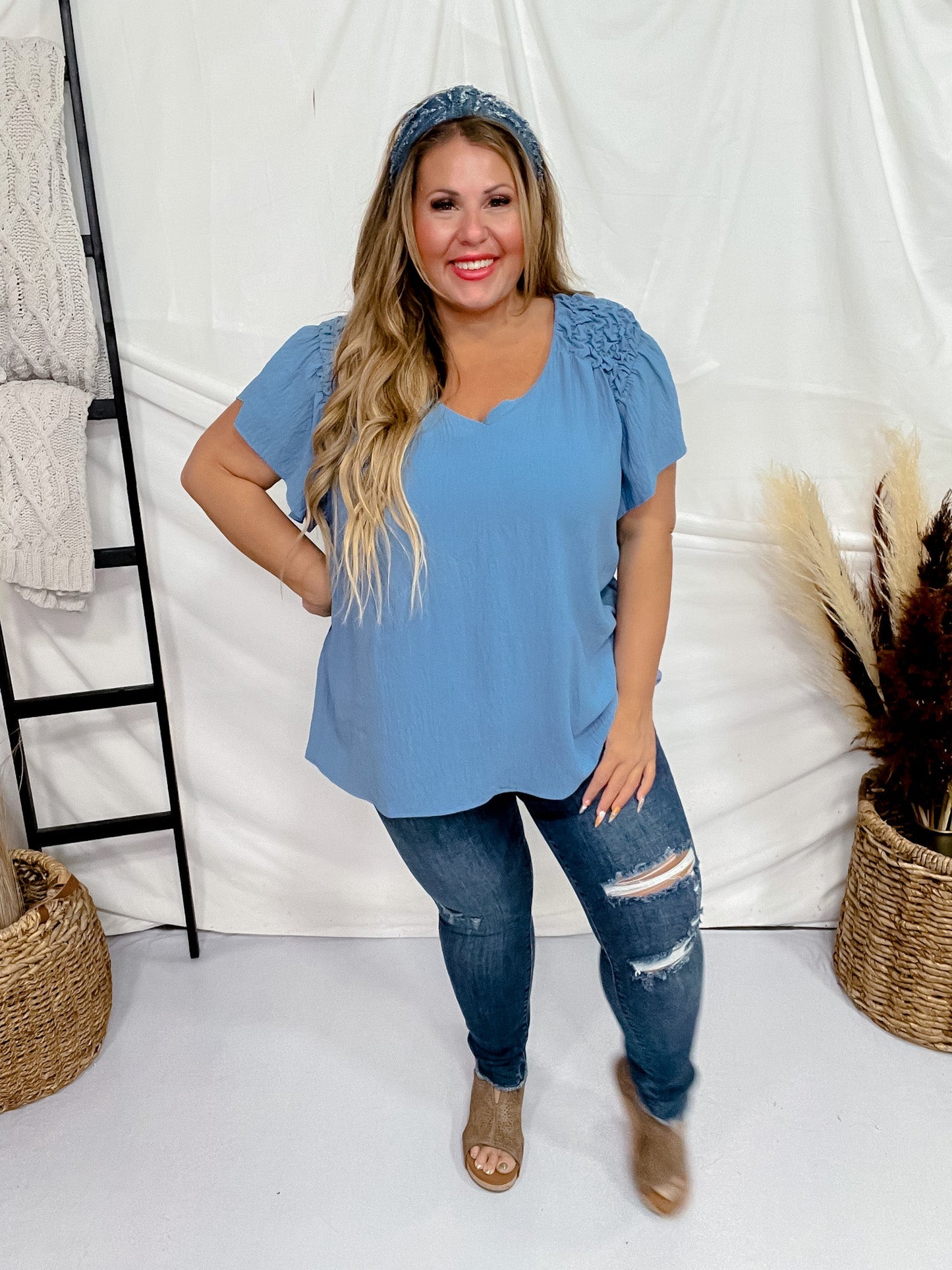Blue Ruffle Sleeve Smocked Shoulder Top - Whiskey Skies - ODDI