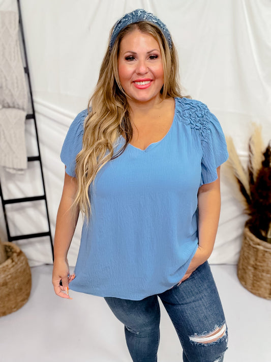 Blue Ruffle Sleeve Smocked Shoulder Top - Whiskey Skies - ODDI
