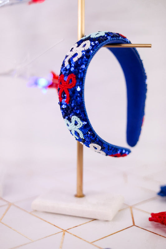 Blue Sequin Headband W/ Red White & Blue Beaded Bows - Whiskey Skies - MUD PIE