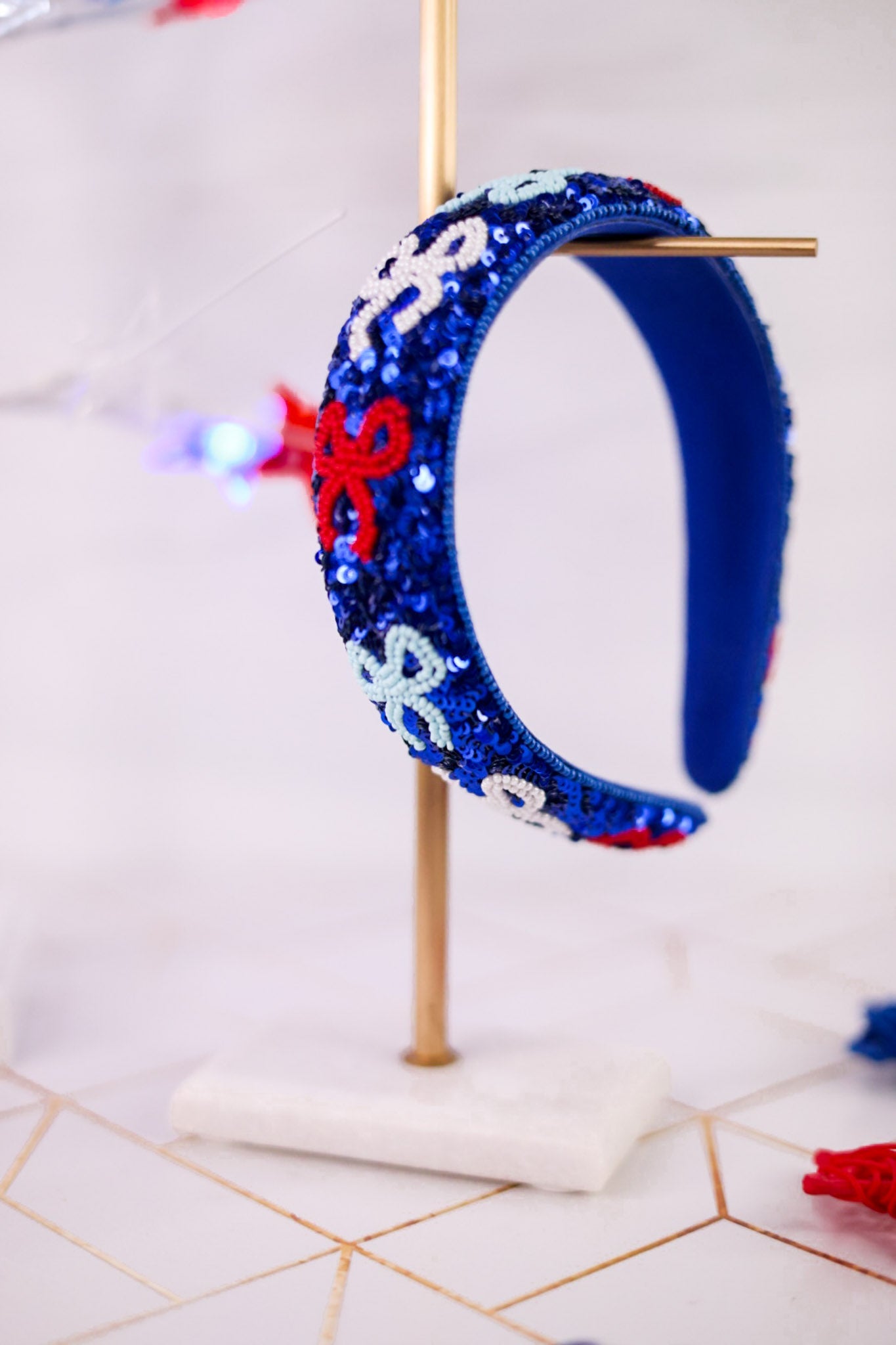 Blue Sequin Headband W/ Red White & Blue Beaded Bows - Whiskey Skies - MUD PIE