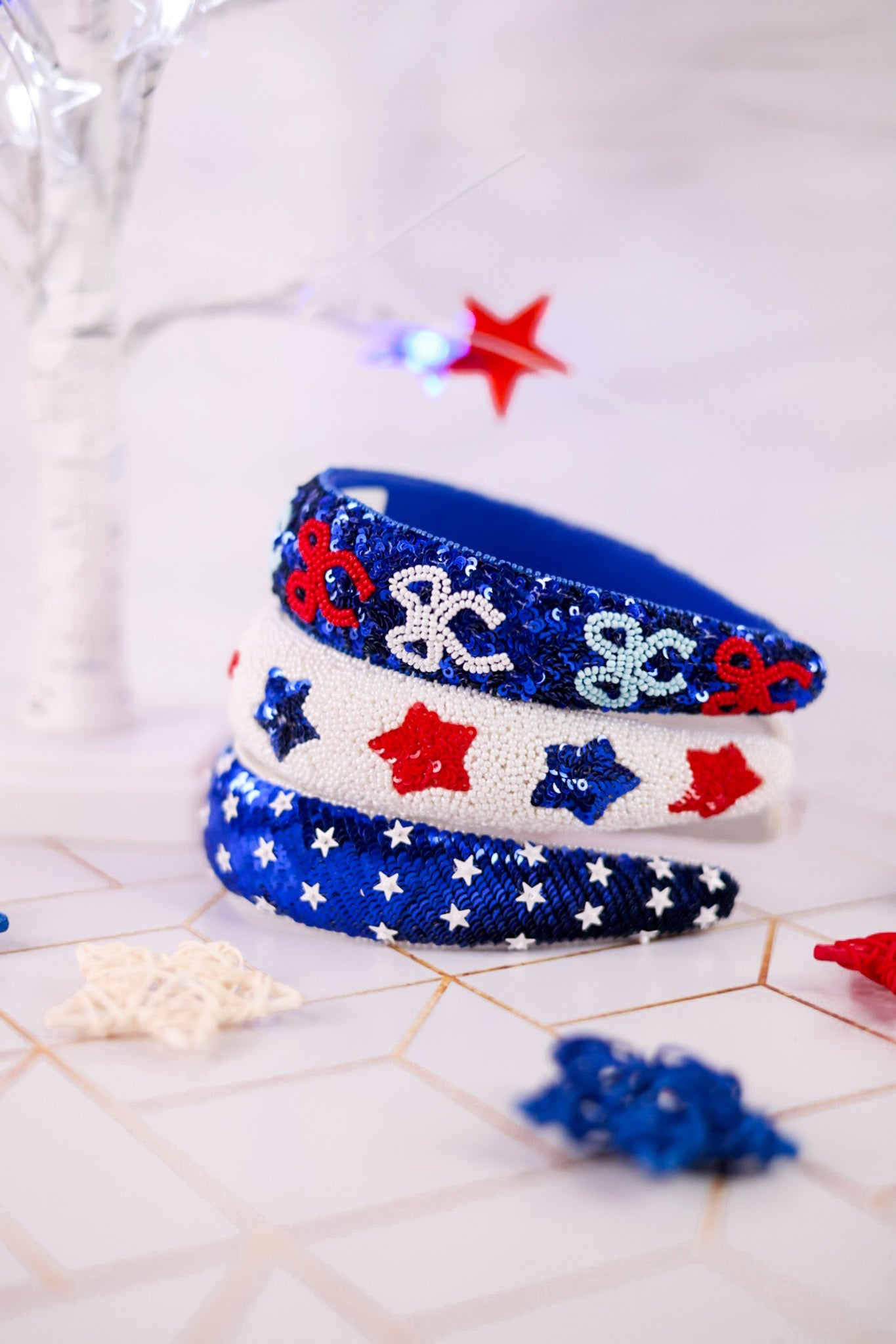 Blue Sequin Headband W/ Red White & Blue Beaded Bows - Whiskey Skies - MUD PIE