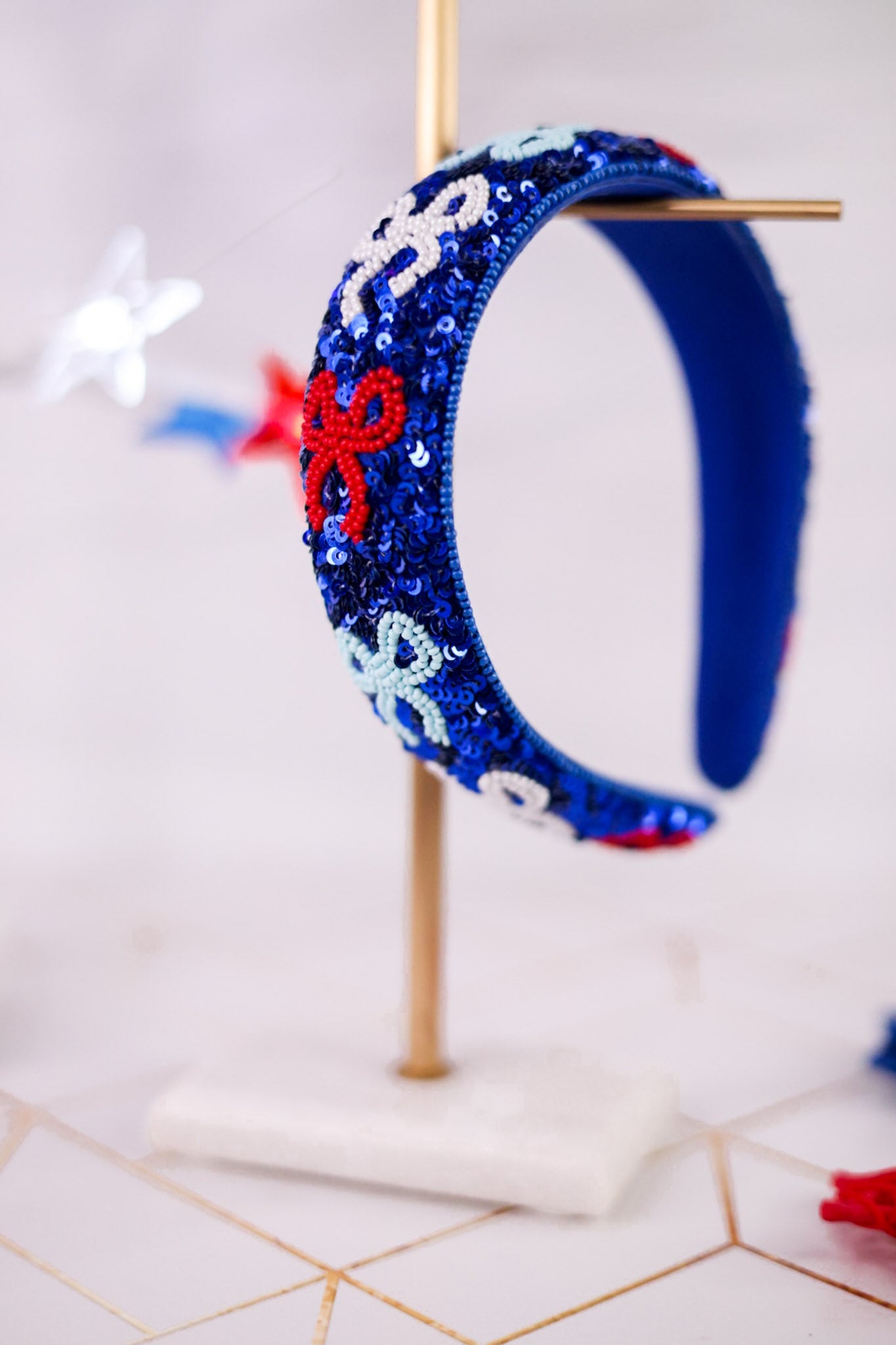 Blue Sequin Headband W/ Red White & Blue Beaded Bows - Whiskey Skies - MUD PIE