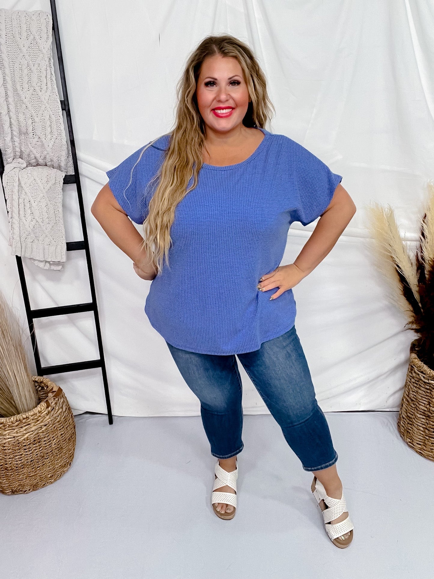 Blue Short Sleeve Waffle Tunic Top - Whiskey Skies - ANDREE BY UNIT