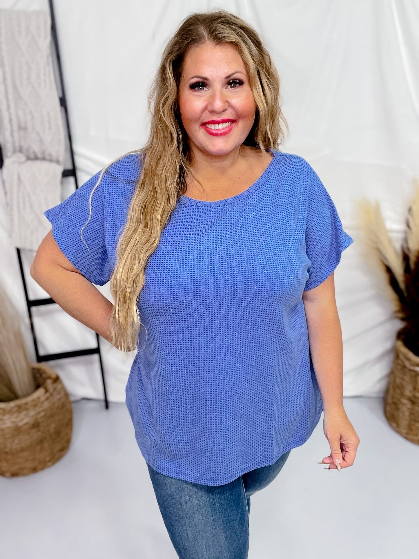 Blue Short Sleeve Waffle Tunic Top - Whiskey Skies - ANDREE BY UNIT