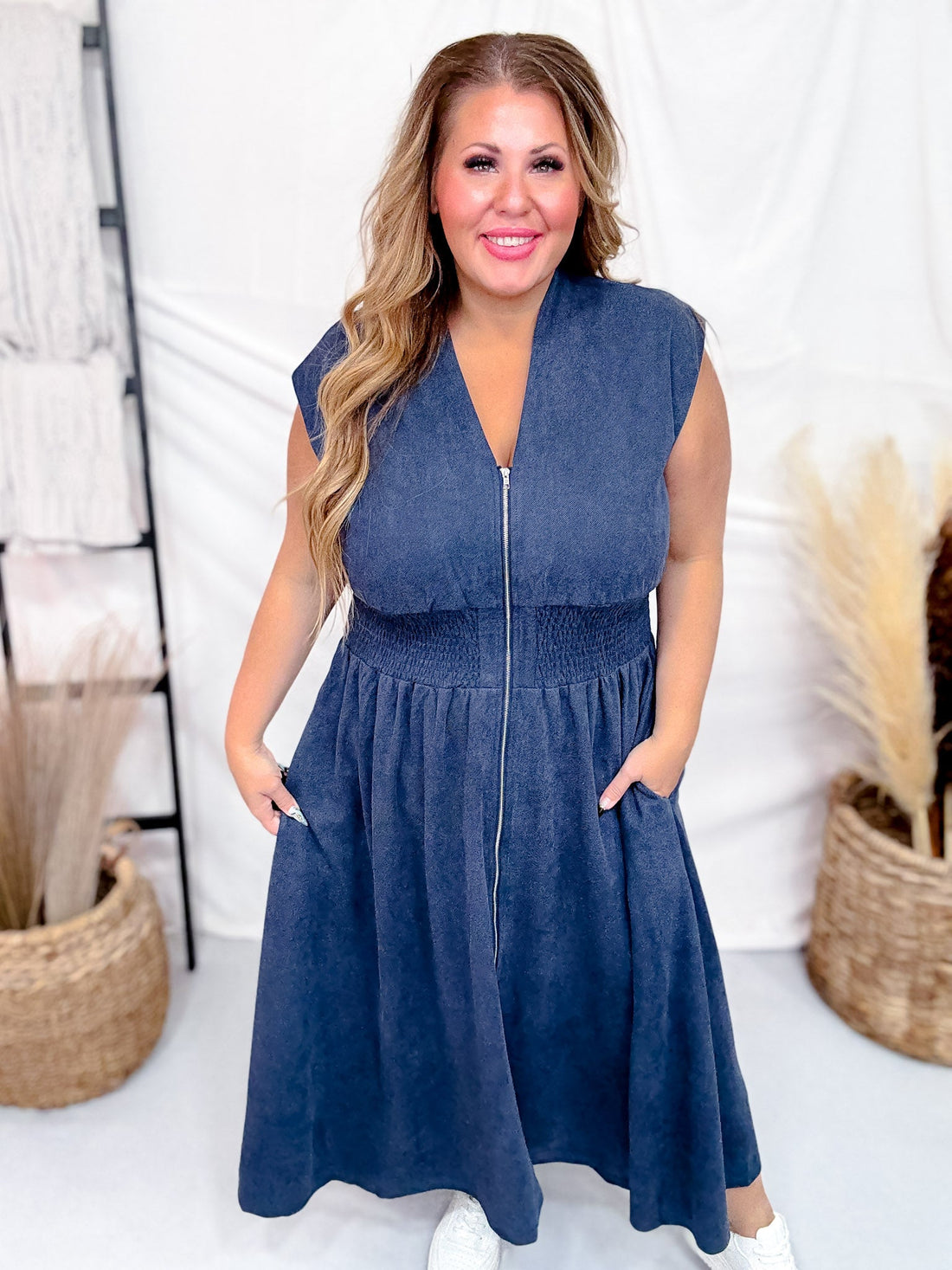 Blue Smocked Waist Twill Suede Shirt Dress - Whiskey Skies - SHE + SKY